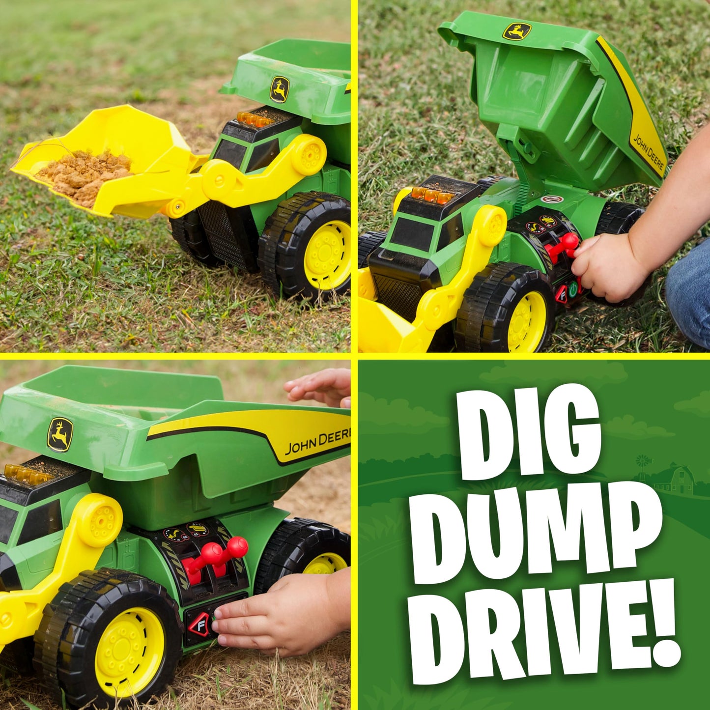 John Deere 18" Motorized Dig Rig: 2-in-1 Toy Dump Truck & Front Loader with Realistic Lights & Sounds, Dual Joystick - Kids 3+