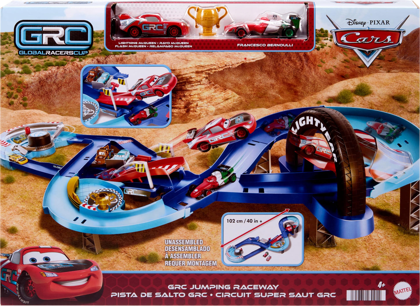 Mattel Disney and Pixar Cars Playset with 2 Toy Cars, Lightning McQueen & Francesco Bernoulli, GRC Jumping Raceway Track Set with Kid-Powered Booster