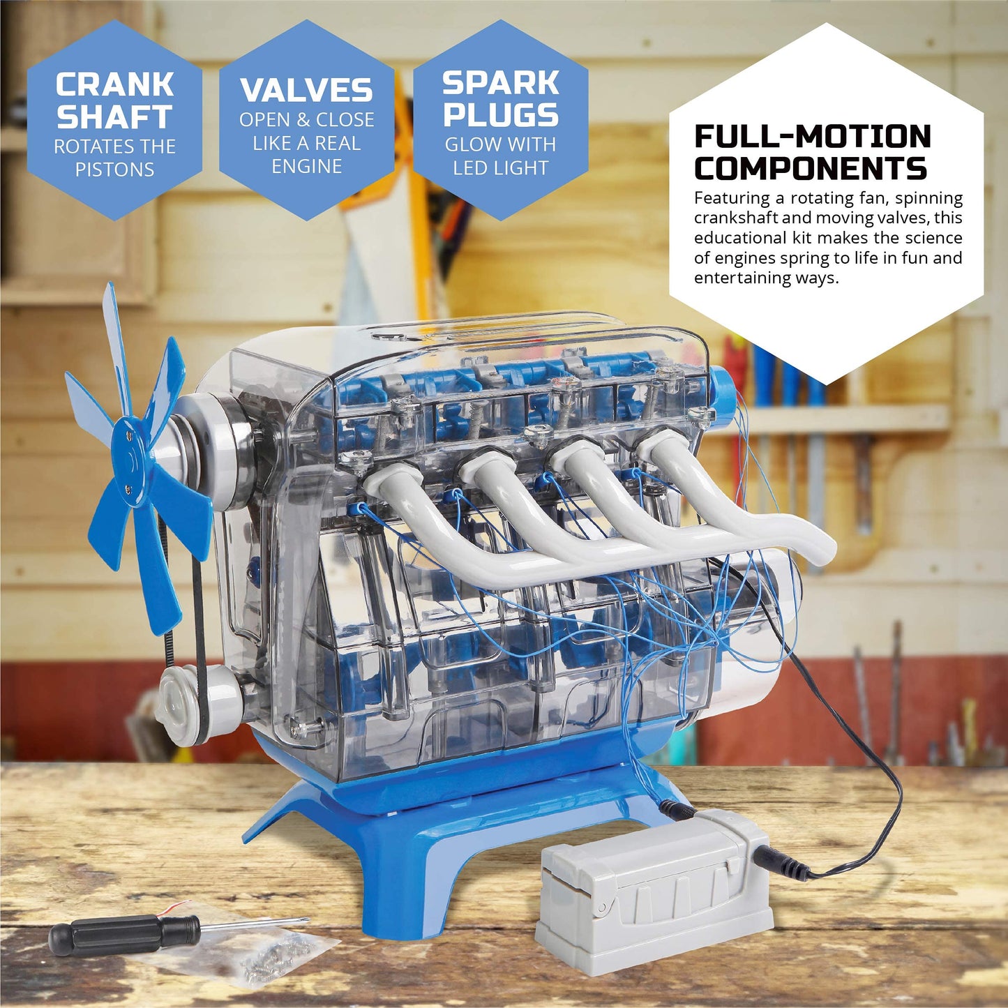 Discovery DIY 4-Cylinder Engine Kit – Working Pistons, Valves, Belts & LED Lights, STEM Mechanics Experiment Set for Kids & Adults