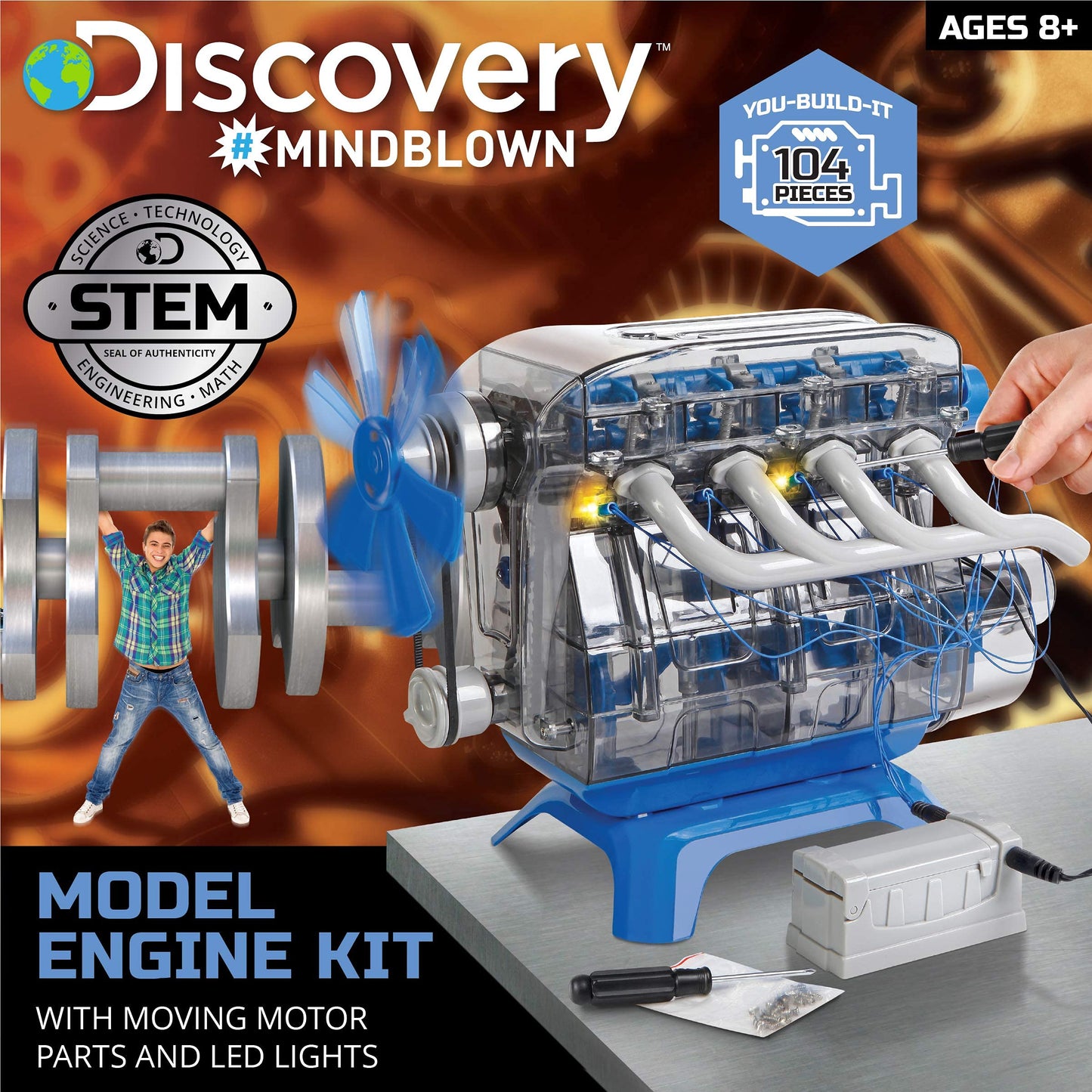 Discovery DIY 4-Cylinder Engine Kit – Working Pistons, Valves, Belts & LED Lights, STEM Mechanics Experiment Set for Kids & Adults