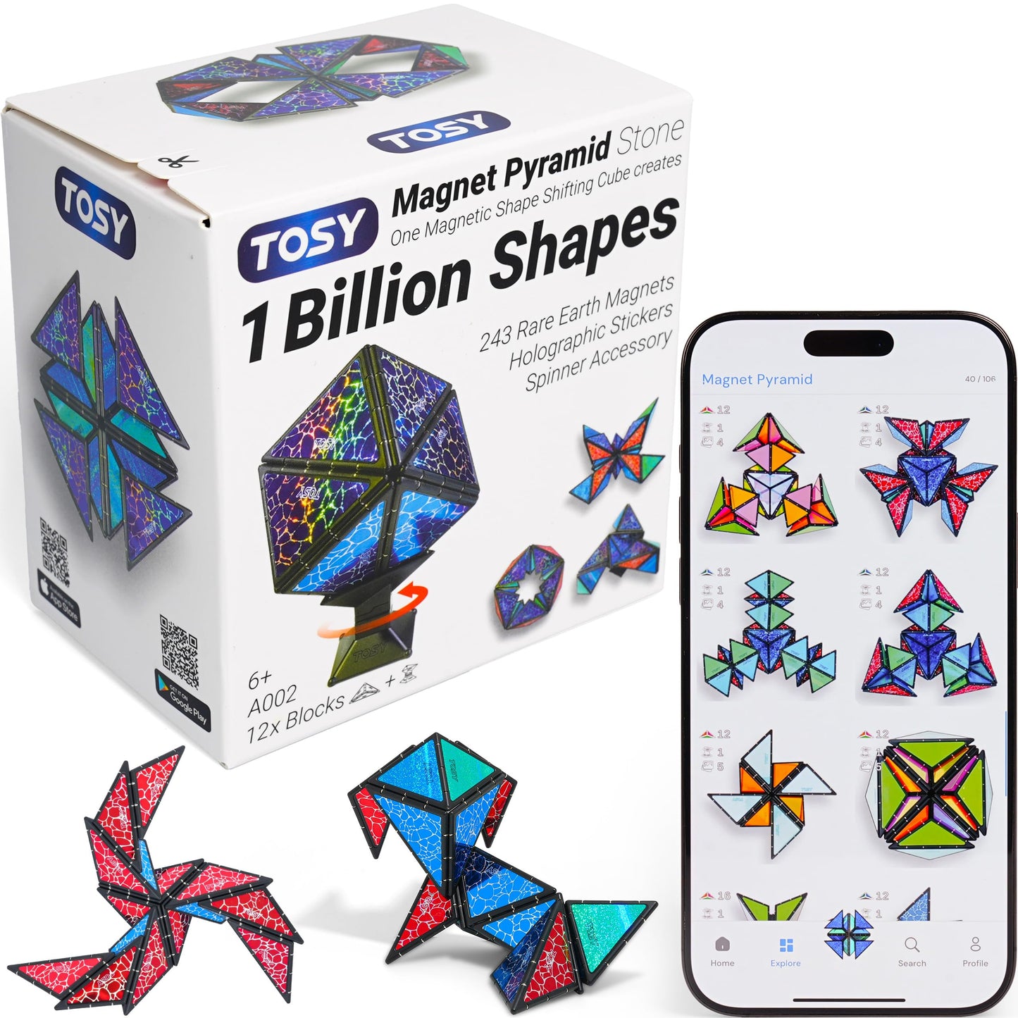 TOSY Magnet Pyramid Stone - 1 Cube into 1 Billion Shapes, 14 pcs Puzzle Set with 243 Magnets, Holographic STEM/STEAM Creative Toy