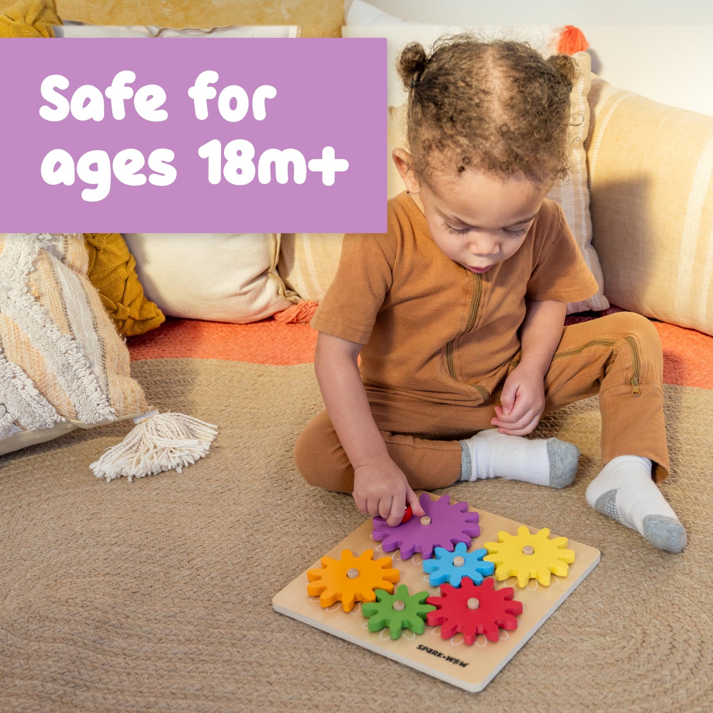 SPARK & WOW Spinny Gears | Wooden Gear Board with 6 Pieces in 3 Sizes | Cause and Effect Toys | Create Colorful, Spinning Combinations