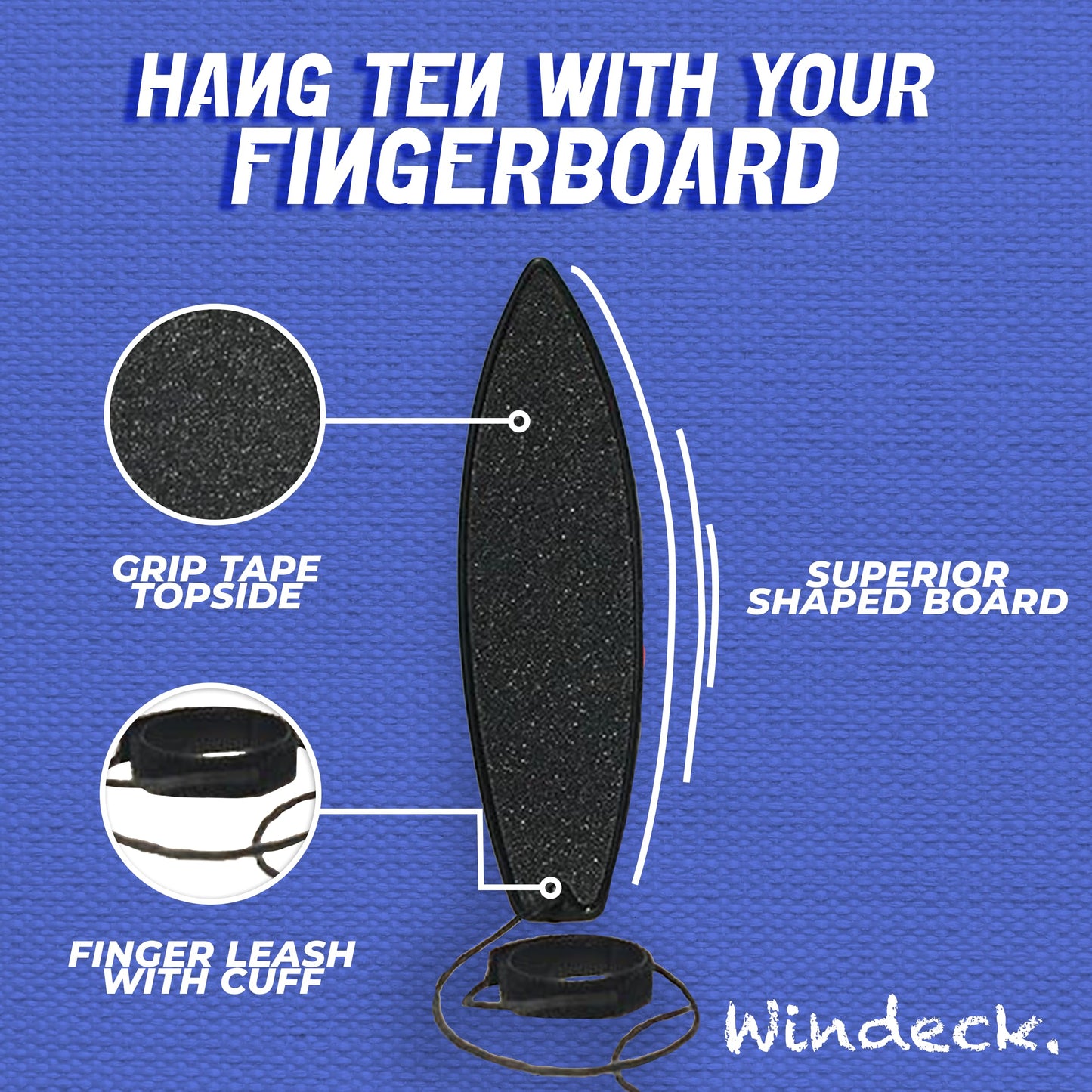 Windeck Stealth Black Finger Surfboard – Mini Handboard with Grip Tape & Leash for Air Tricks, Car Window Wind Riding, Kids & Skaters