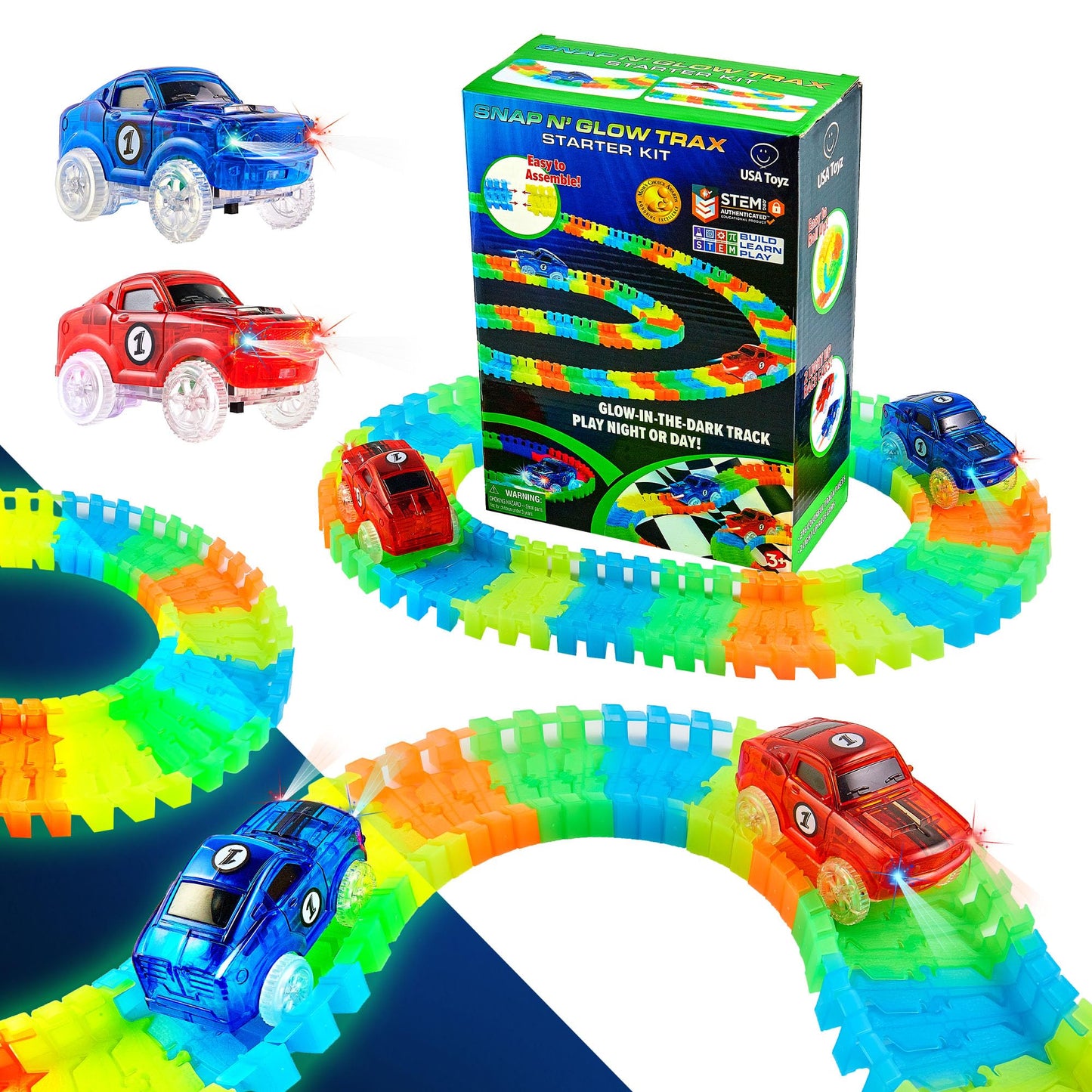 USA Toyz Glow Tracks Starter Kit – 216pc Bendable Glow-in-the-Dark Rainbow Race Track with 2 LED Cars, STEM Toy for Kids