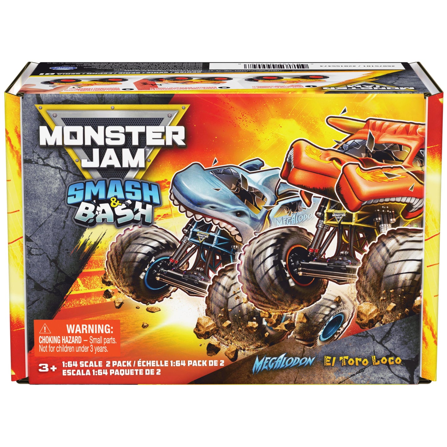 Monster Jam 2-Pack Monster Trucks – Megalodon & El Toro Loco, 1:64 Die-Cast, Repairable, Kids Toys for Ages 3+