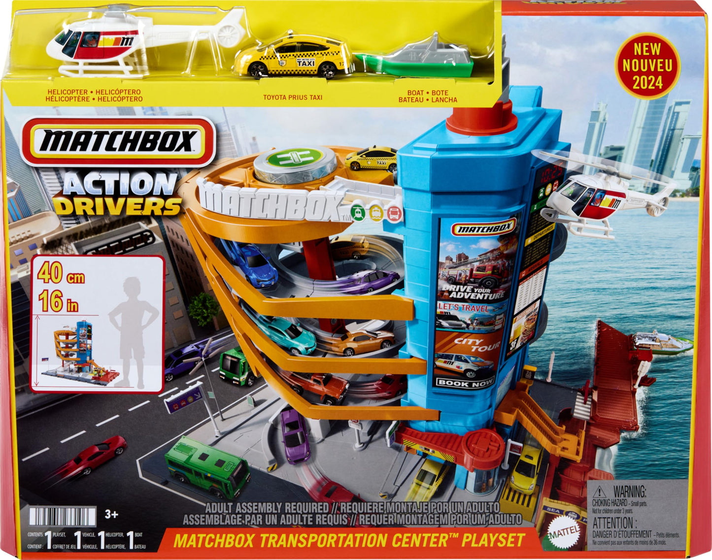 Matchbox Toy Vehicles & Playset, Transportation Center with 5 Levels, Kid& Car-Activated Features, Includes 1:64 Scale Taxi, Boat & Helicopter & Food Vendor Accessory