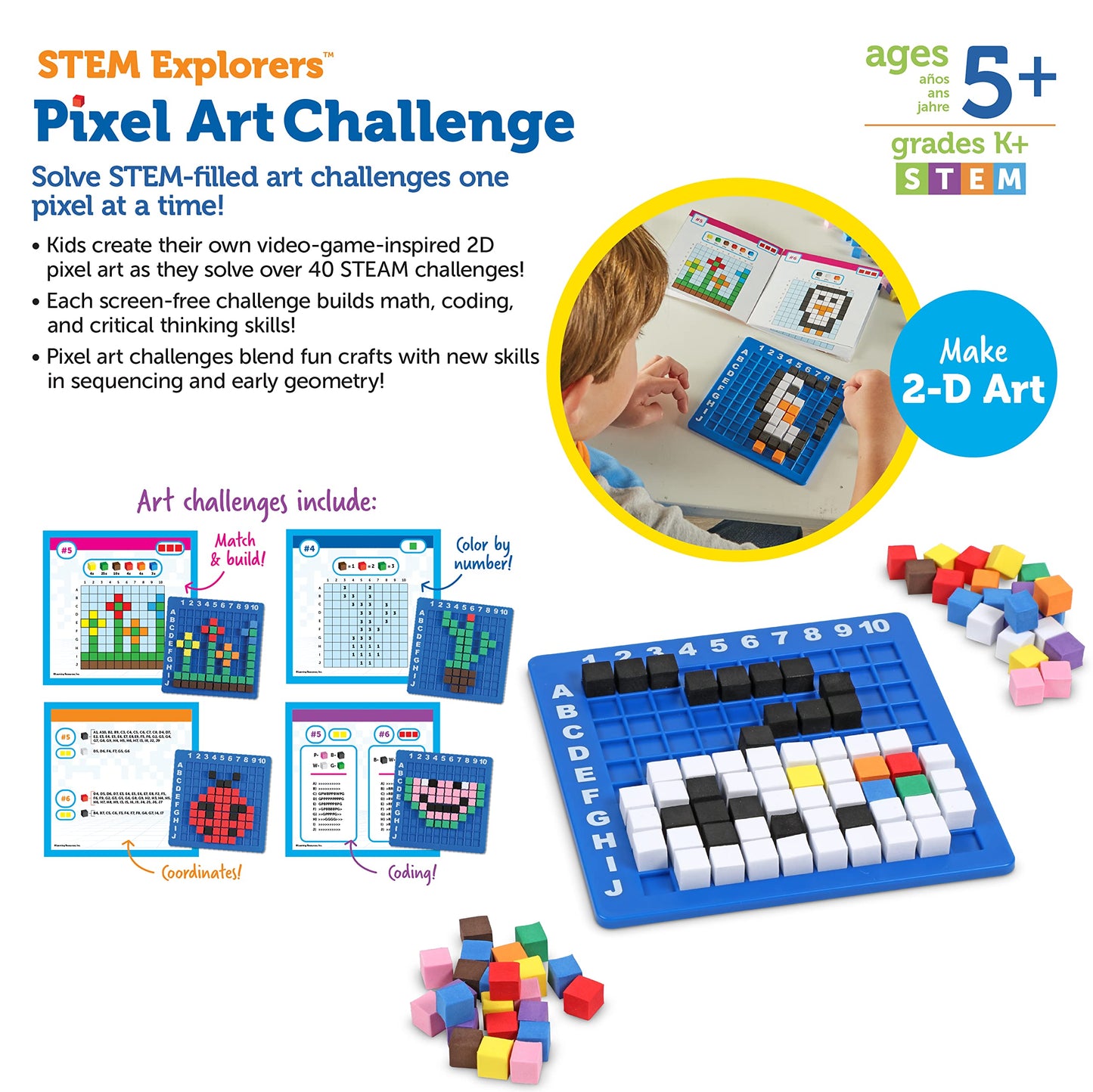 Learning Resources STEM Explorers Pixel Art Challenge - Math & Pattern Block Activity Set for Kids, Creative STEM Building & Learning Toy
