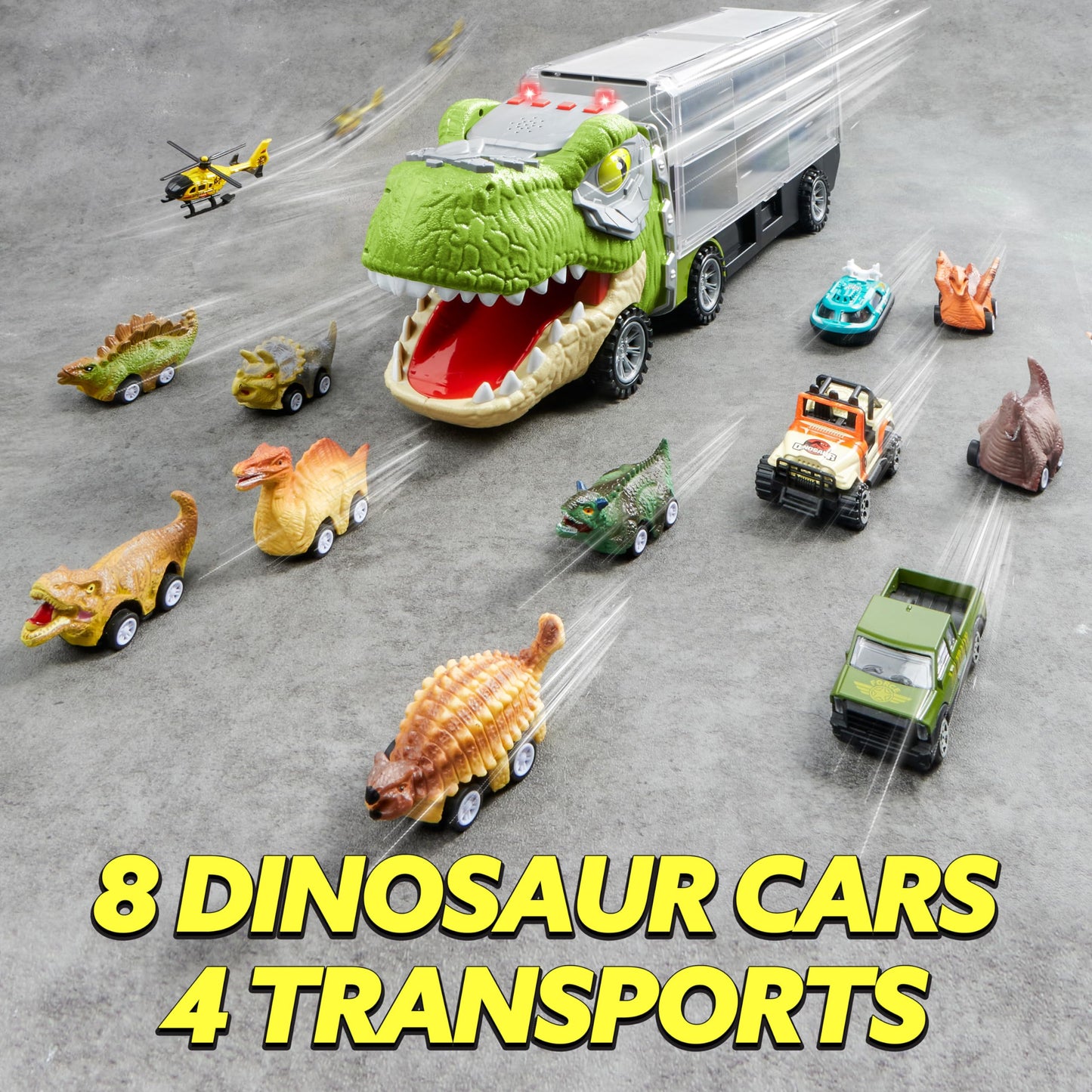 JOYIN 13-in-1 Dinosaur Toy Set for Kids 3-5 – Truck with 12 Pull-Back Cars, Transport Carrier, Birthday & Christmas Gift for Boys