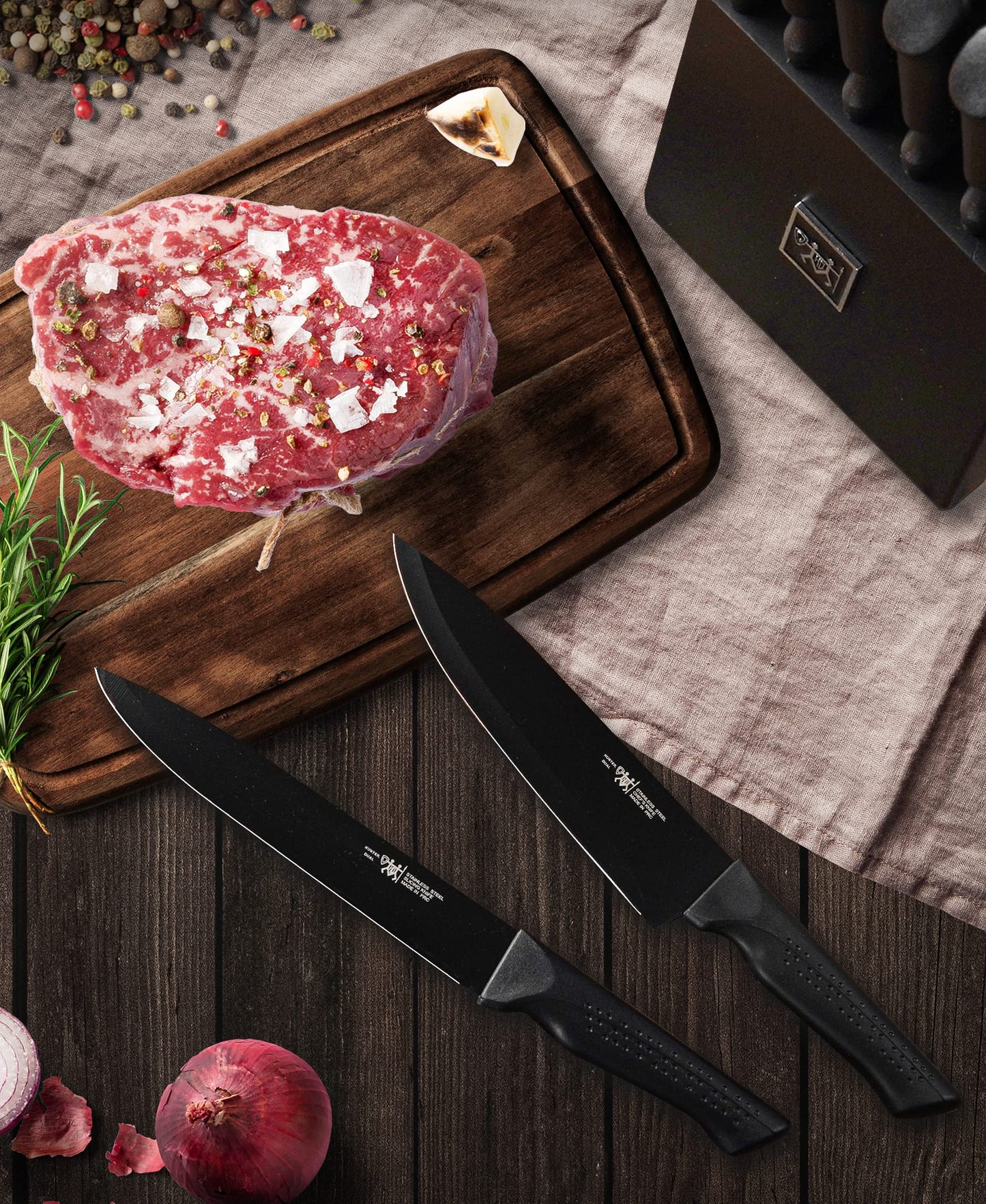 15-Piece Kitchen Knife Set with Block – Self-Sharpening, Dishwasher Safe, Anti-Slip Handles, Includes 6 Steak Knives, Black