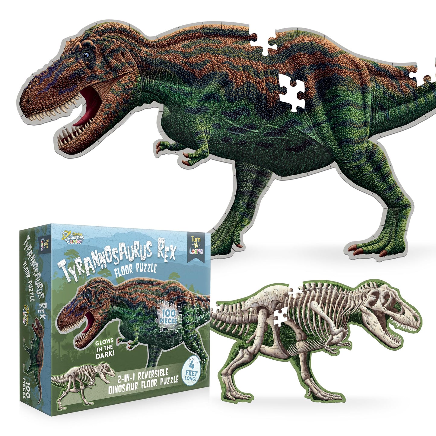 Tyrannosaurus Rex 100-Piece Double-Sided Jigsaw Puzzle – Glow-in-the-Dark Skeleton, 4ft Dino Illustration, Educational Toy for Kids