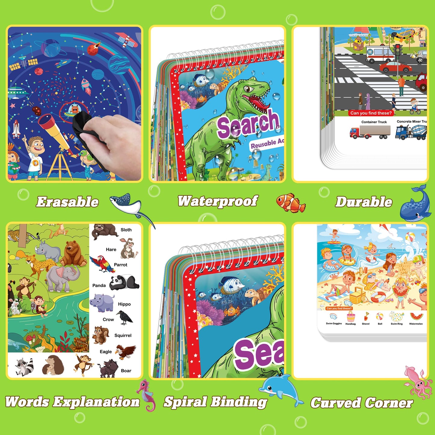 Elfew Search & Find Activity Book for Kids 3-8 | 24 Reusable Toddler Activities | Educational Travel Toy for Ages 4-6