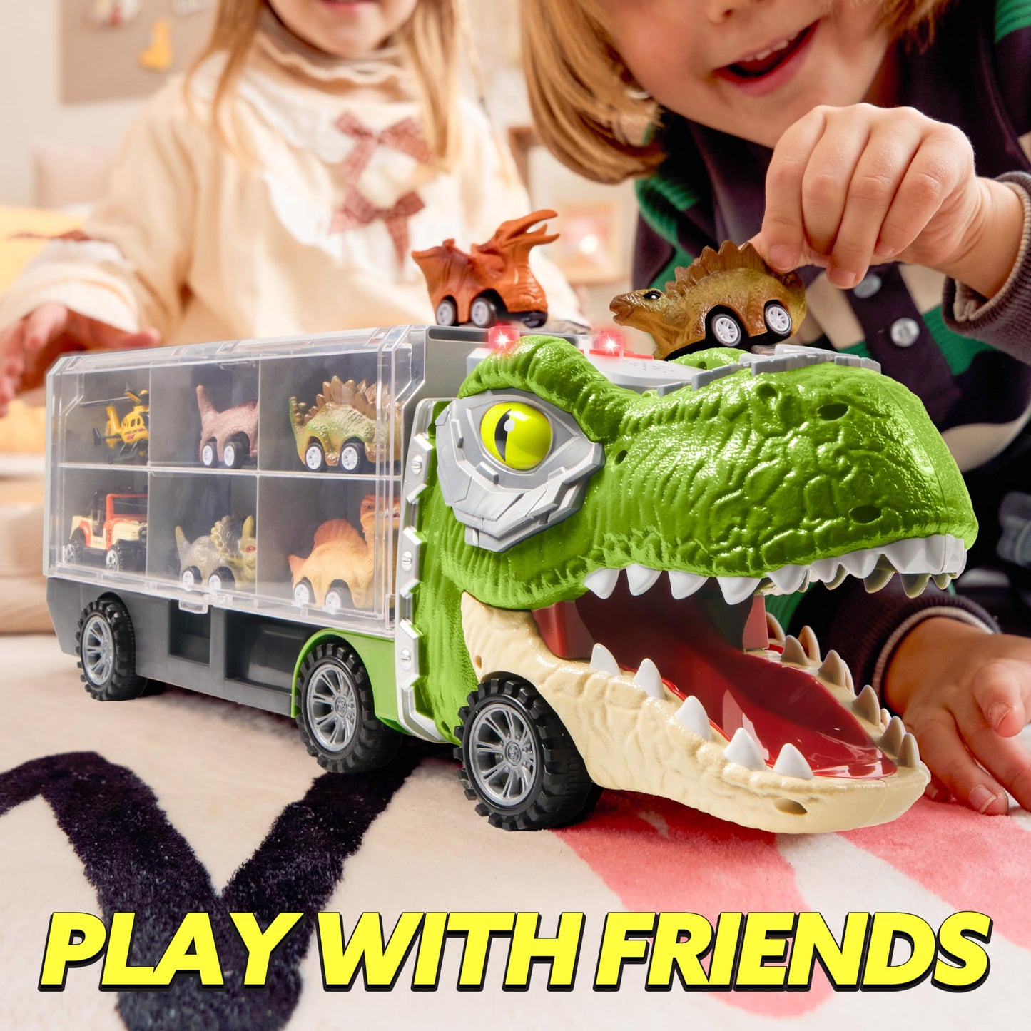 JOYIN 13-in-1 Dinosaur Toy Set for Kids 3-5 – Truck with 12 Pull-Back Cars, Transport Carrier, Birthday & Christmas Gift for Boys