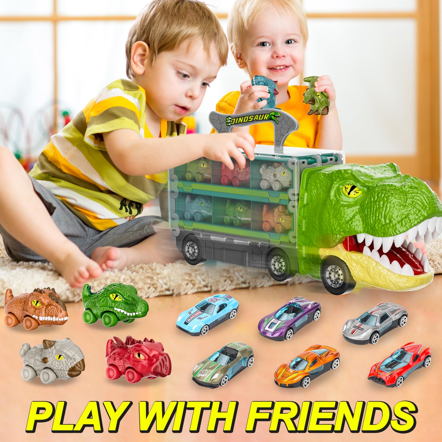 13-in-1 Dinosaur Car Toy Set for Kids, Foldable Track & Race Mode with 6 Dino Cars & 6 Race Cars, Toddler Boys 2-6, Birthday Gift