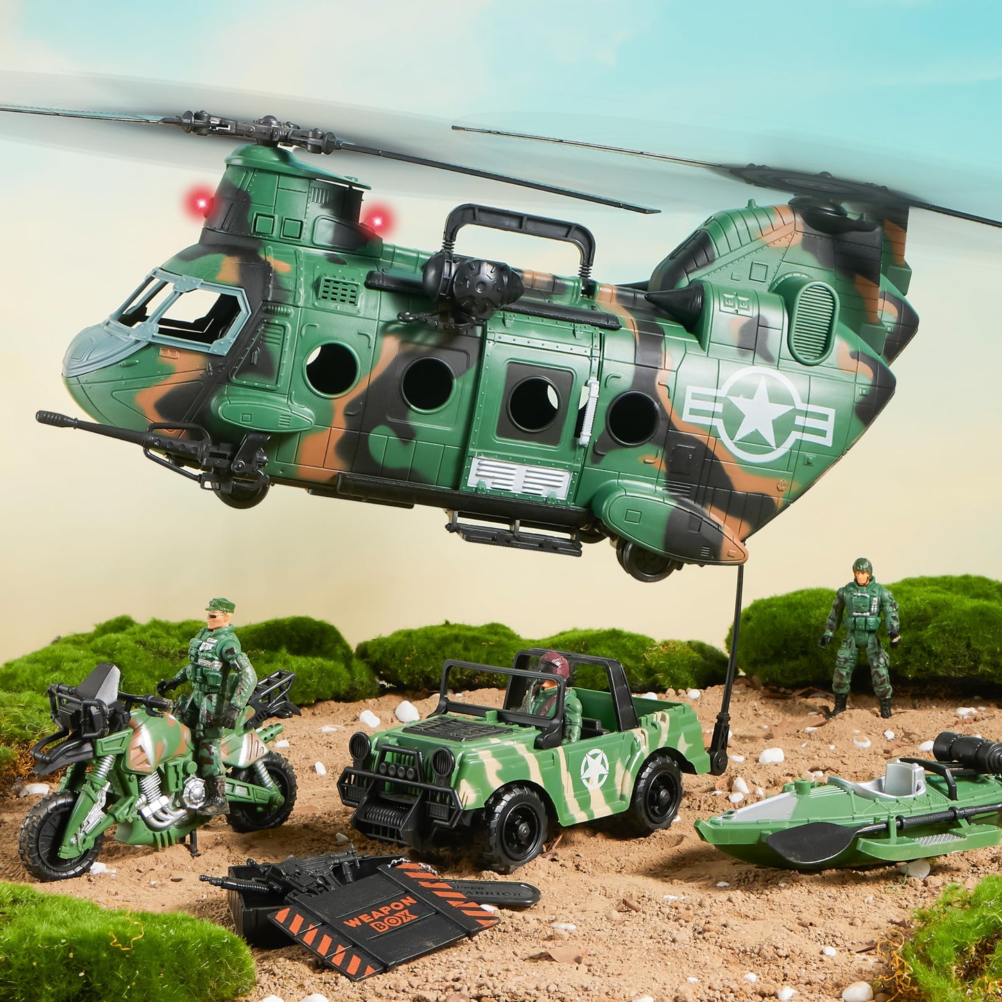JOYIN 10-in-1 Military Helicopter Toys Set with Light, Sound, Trucks, Boat, Bike, Army Men, Weapons - Christmas Birthday Party Gifts for Kids