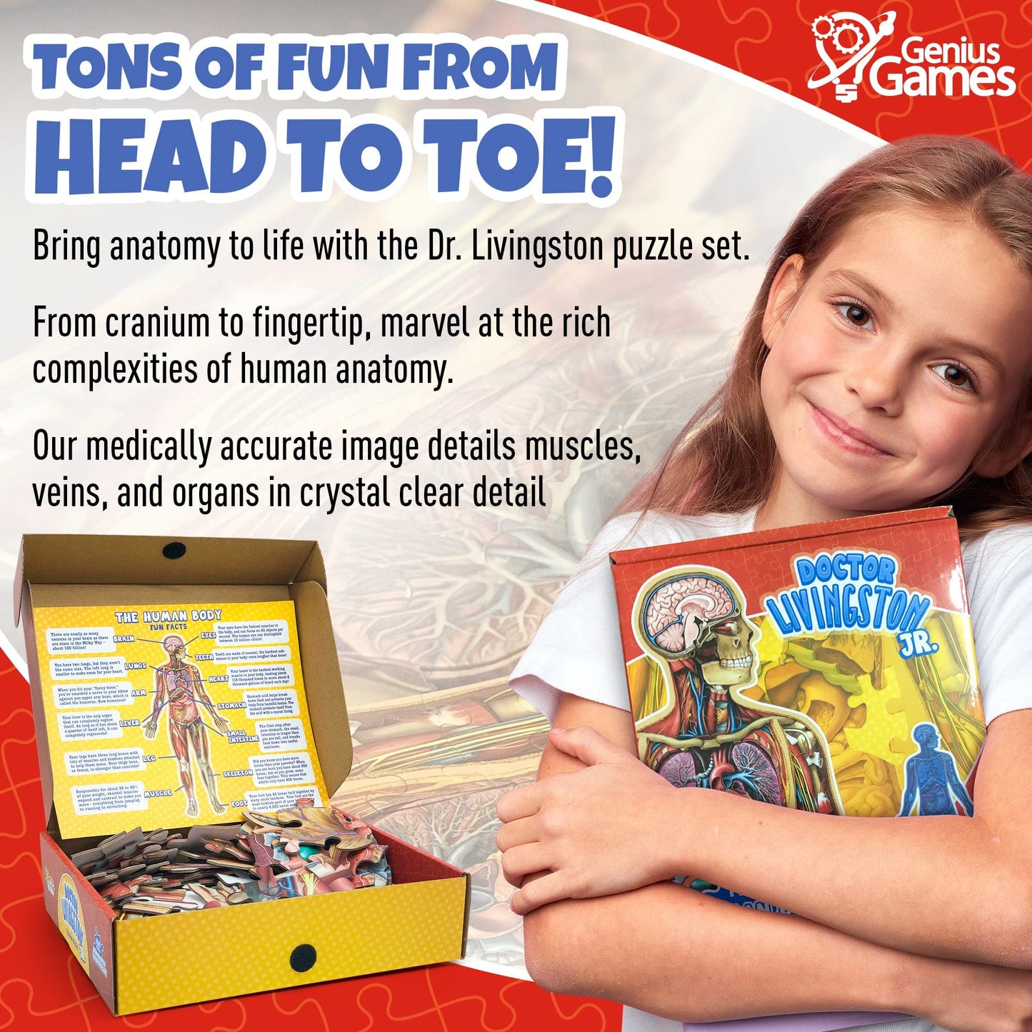 Human Anatomy Kids Floor Puzzle – Dr. Livingston Jr’s 100-Piece Full Body Jigsaw, 4ft Medically Accurate Educational Toy for Ages 6-10