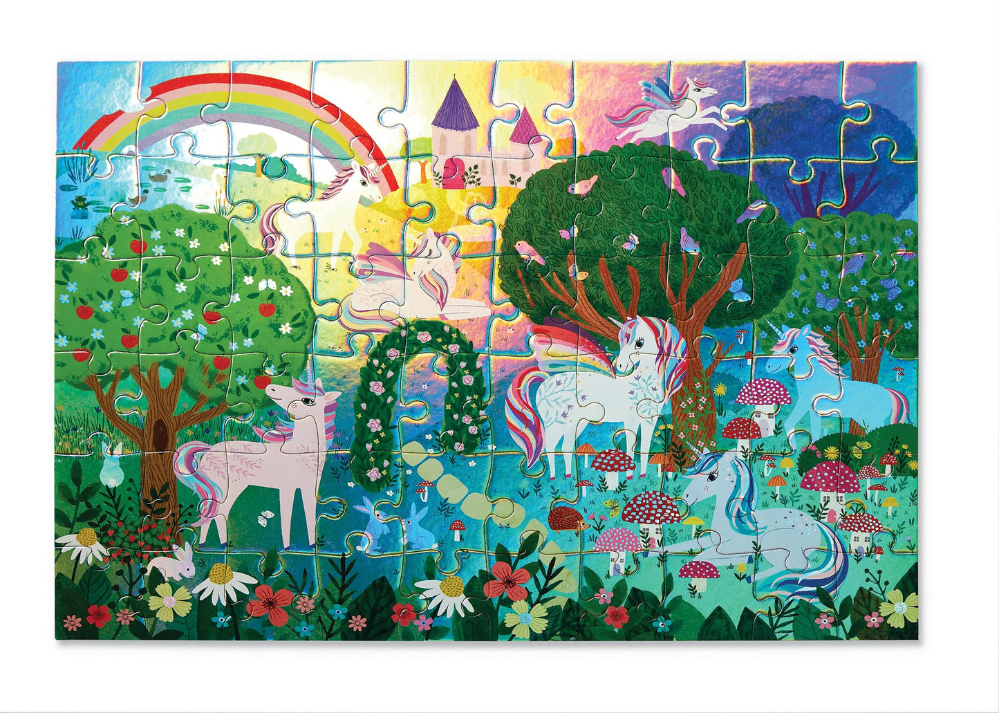 Crocodile Creek 60-Piece Holographic Foil Floor Puzzle for Kids Ages 4-8 and Up - Heavy-Duty Box for Storage - Sparkling Unicorn - 14” x 19” Finished