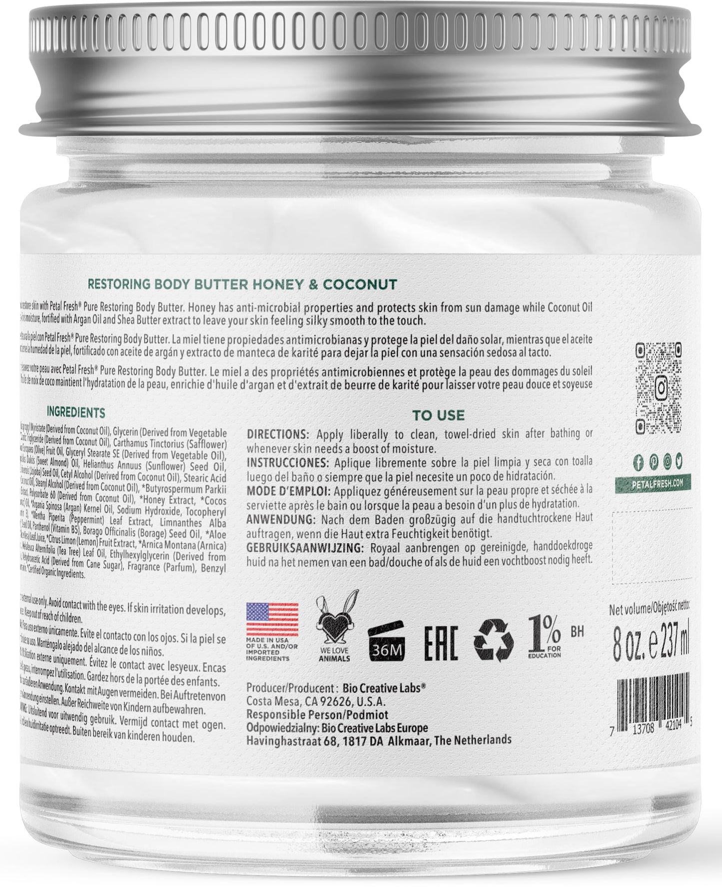 Petal Fresh Pure, Restoring Body Butter, Heals, Repairs & Protects Skin with Honey & Coconut Oil, 8 Fl oz