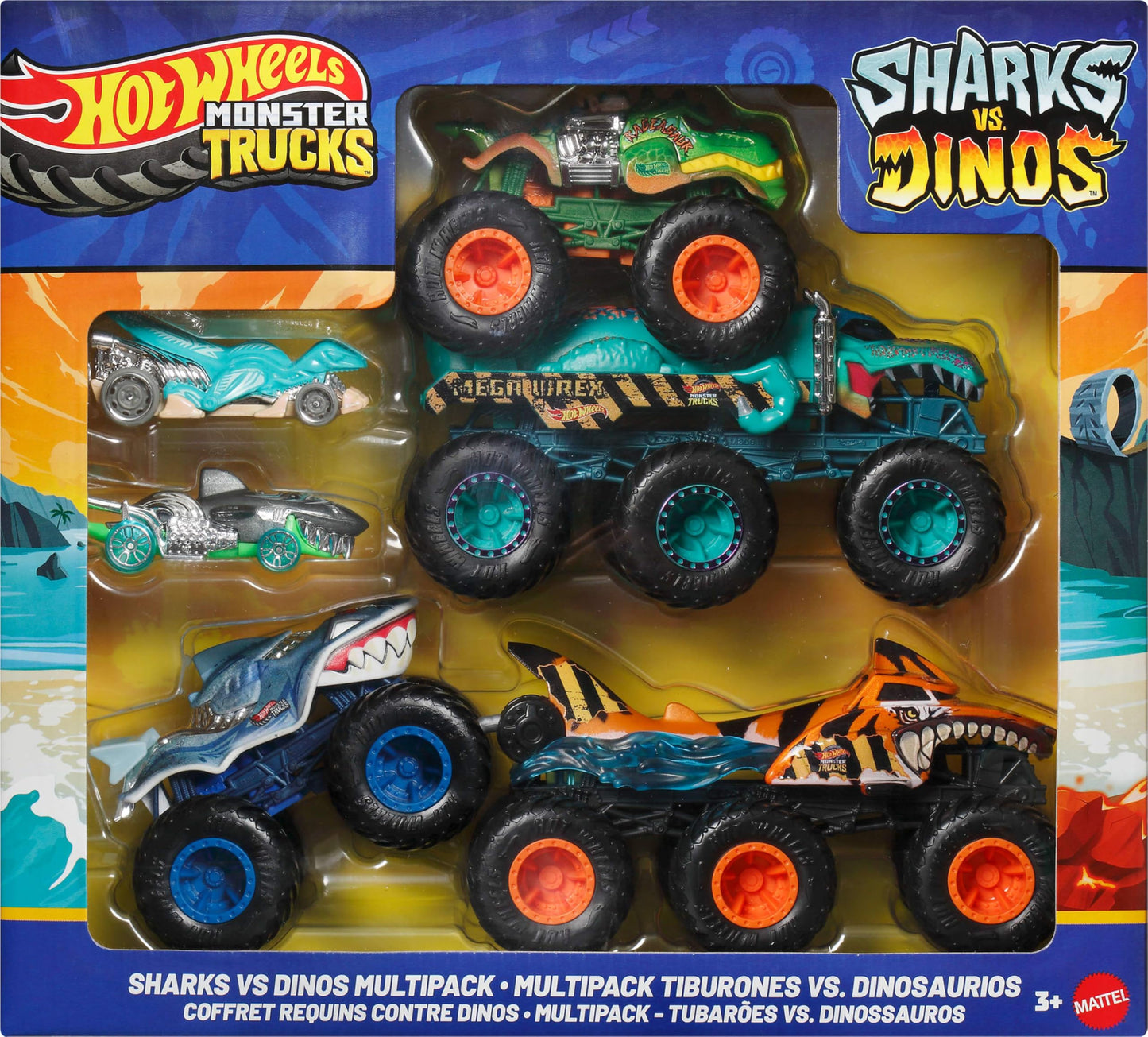 Hot Wheels Toy Cars & Monster Trucks, Sharks vs. Dinos Multipack with 2 Big Rigs, 2 1:64 Scale Monster Trucks & 2 1:64 Scale Hot Wheels Vehicles