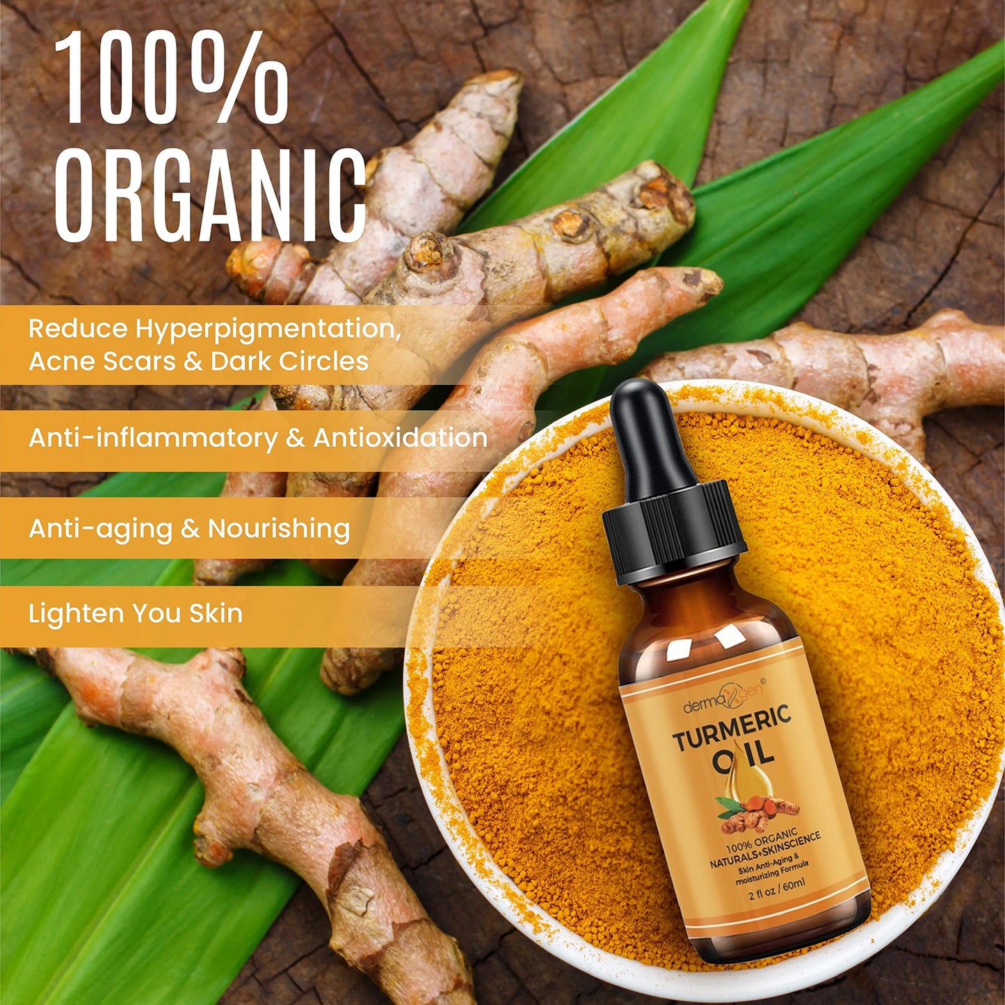DERMAXGEN Organic Turmeric Face Oil – Brightening, Anti-Aging, Hydrating for Dark Spots, Dry Skin, Face, Neck & Eyes, 2 fl. oz