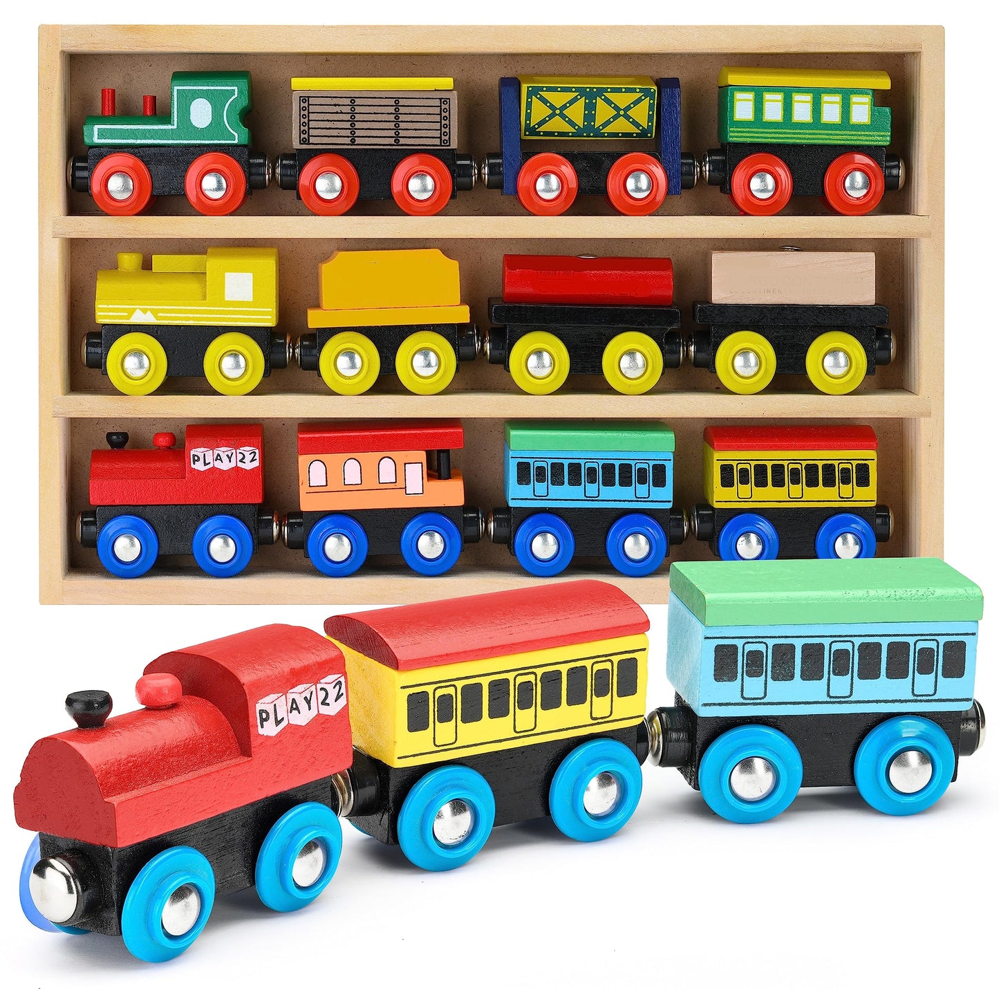 Play22 Wooden Train Set 12 PCS - Magnetic Train Toys with 3 Engines, Compatible with All Major Brands for Toddlers & Kids