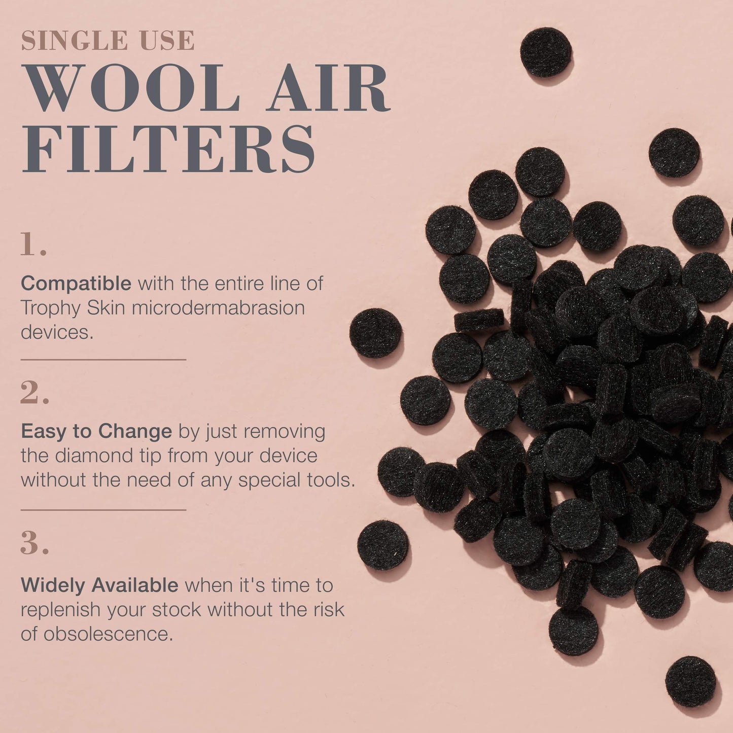 Trophy Skin Replacement Filters - Round Wool Air Filters - fits Trophy Skin Microdermabrasion Kit - 100 pack