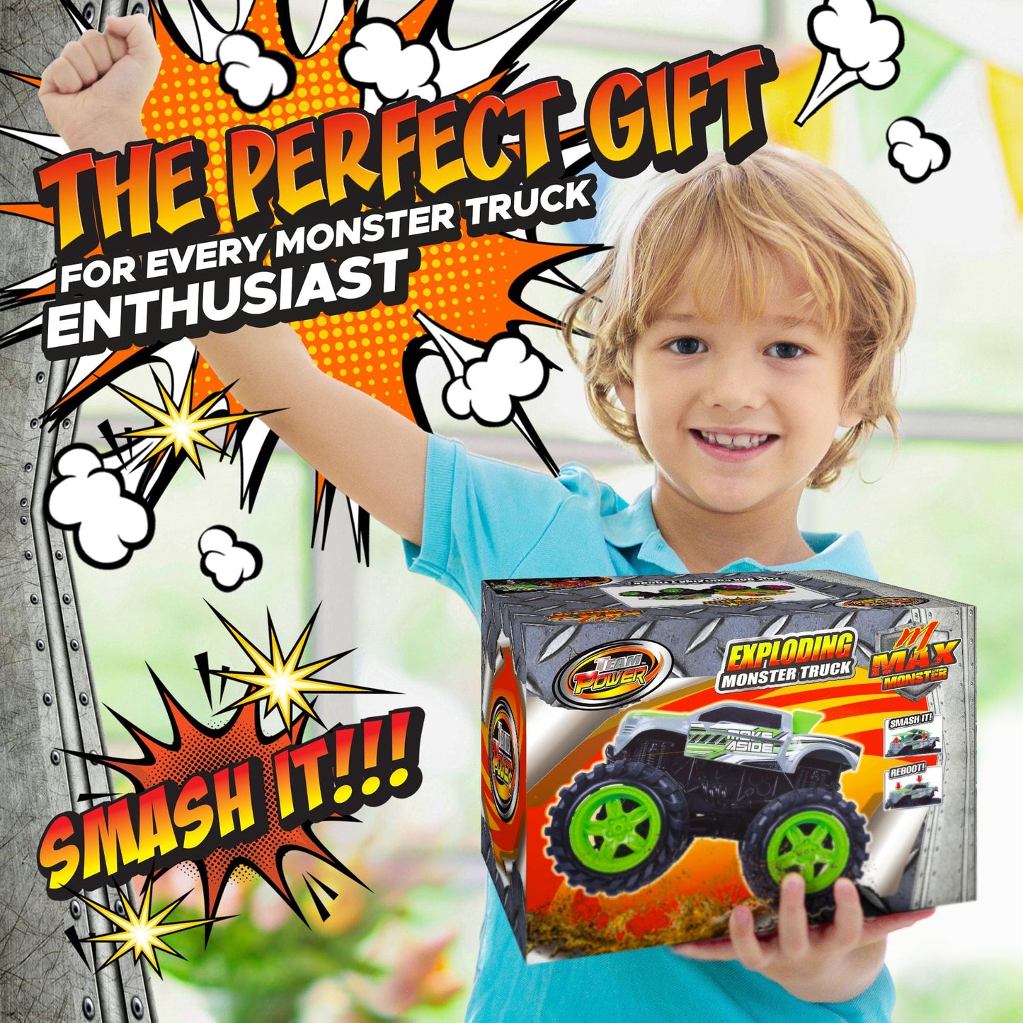 Exploding Monster Truck Toy with Crash Sounds & Lights, 8.7” Smash & Go Truck for Boys Kids 3-7+ | Toddler Gift for 3 Year Olds