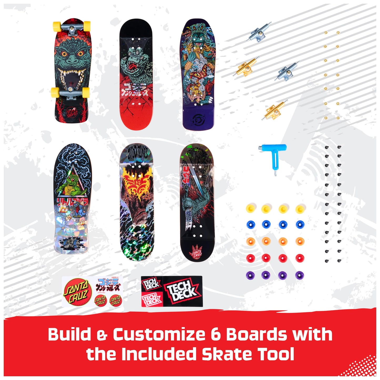 TECH DECK, Godzilla Sk8shop Fingerboard Bonus Pack, Collectible and Customizable Mini Skateboards, Kids Toys for Ages 6 and up