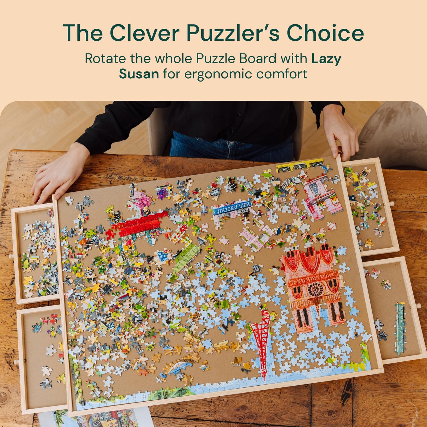 PLAYVIBE Rotating Puzzle Board – 1500 Piece Table with 6 Storage Drawers, 27x35in, 360° Lazy Susan Rotation for Jigsaw Puzzles