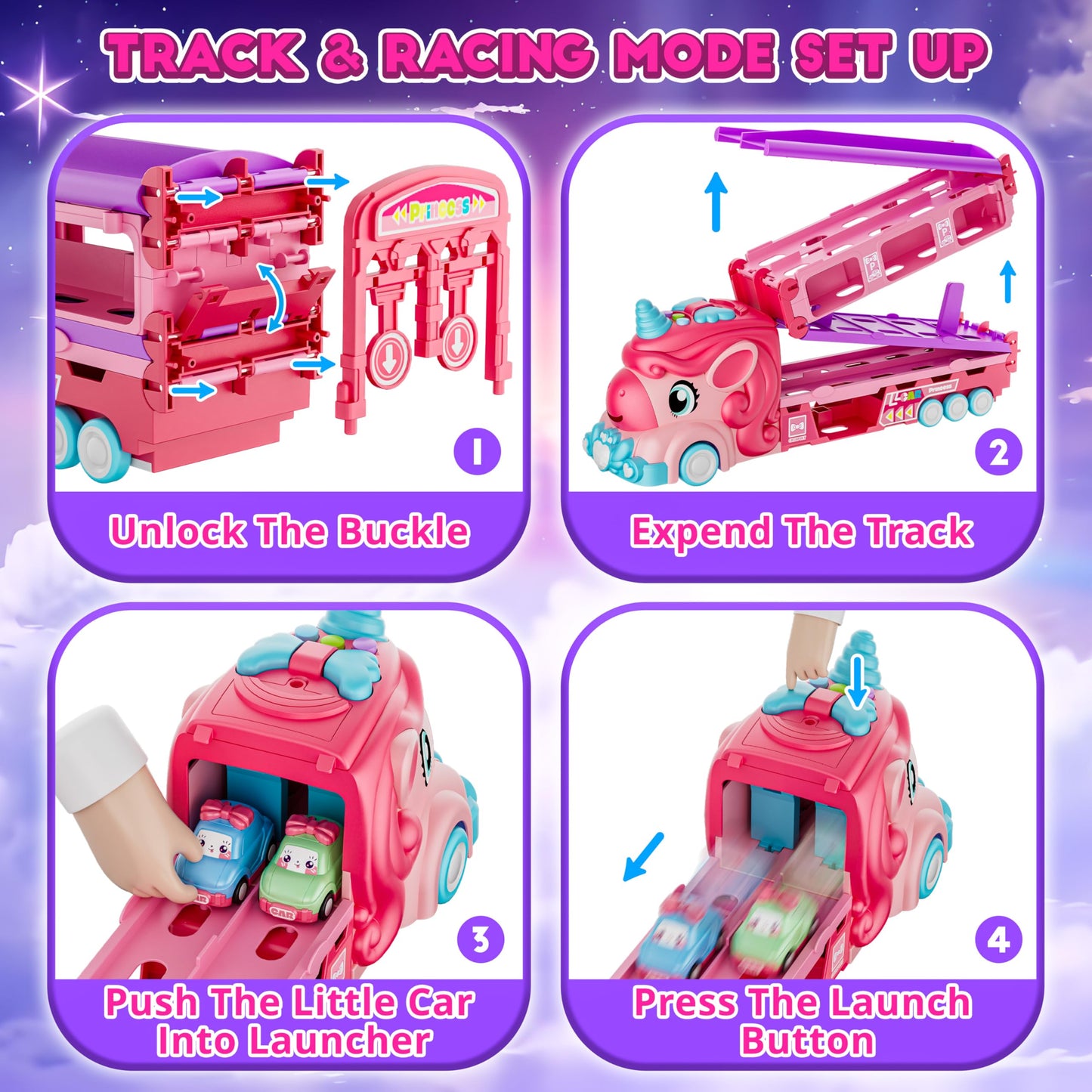 Funwee Unicorn Car Toys for Girls 2-7, Princess Carrier Truck with Sound & Lights, 2-Player Foldable Race Track, Birthday Gift