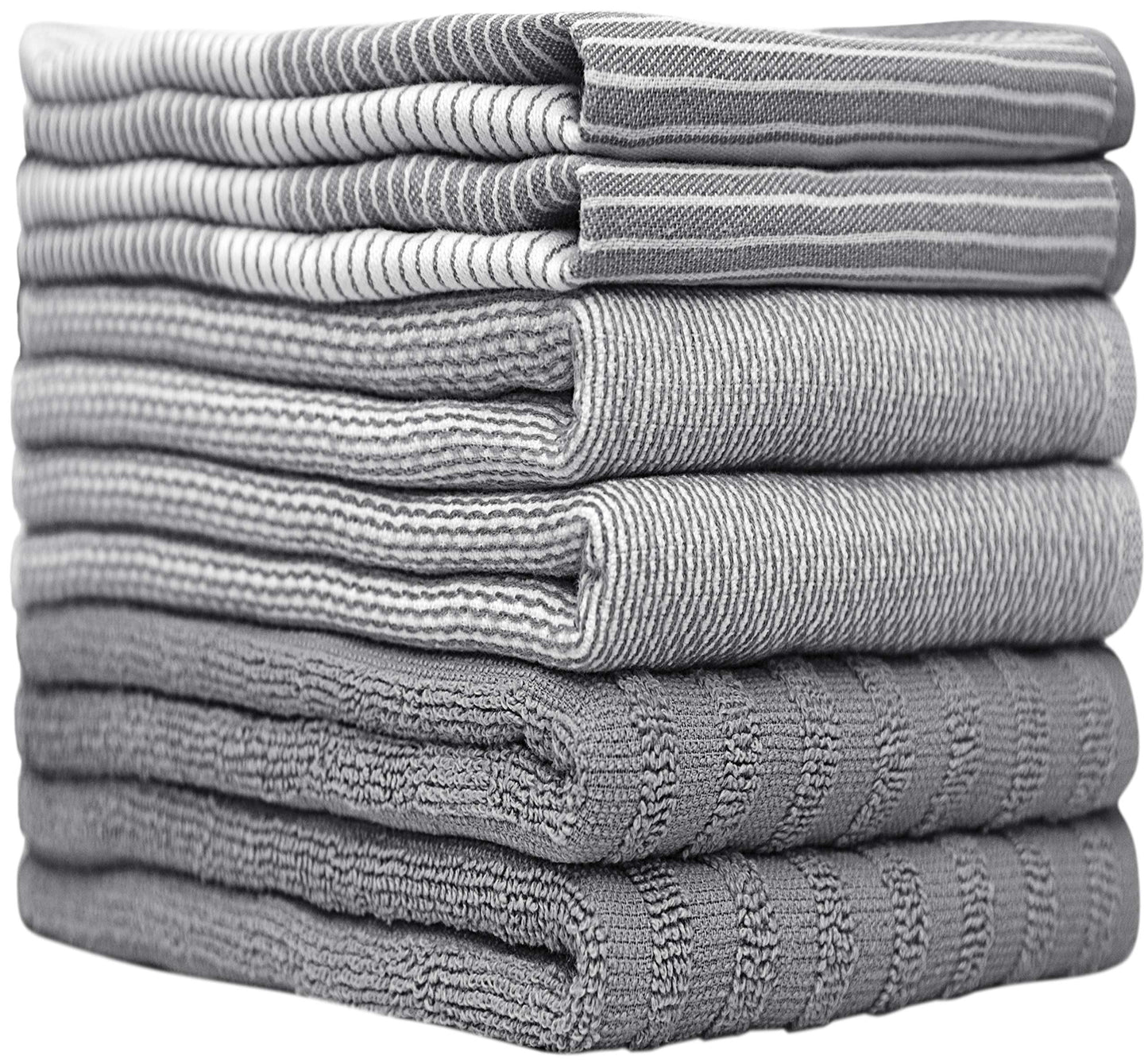 Premium Cotton Kitchen Towels 6 Pack (20”x28”) – Large, Absorbent Flat & Terry Dish Cloths with Hanging Loop – Gray