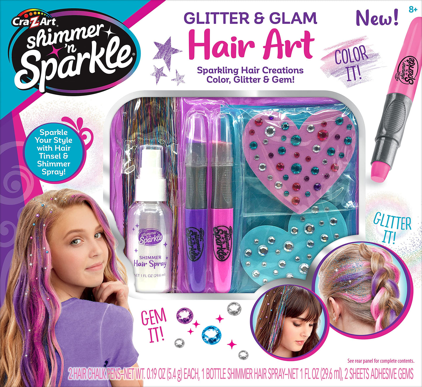 Shimmer ‘n Sparkle Glitter and Glam Metallic Hair Art Set with Hair Chalk Pens and Hair Gems by Cra-Z-Art