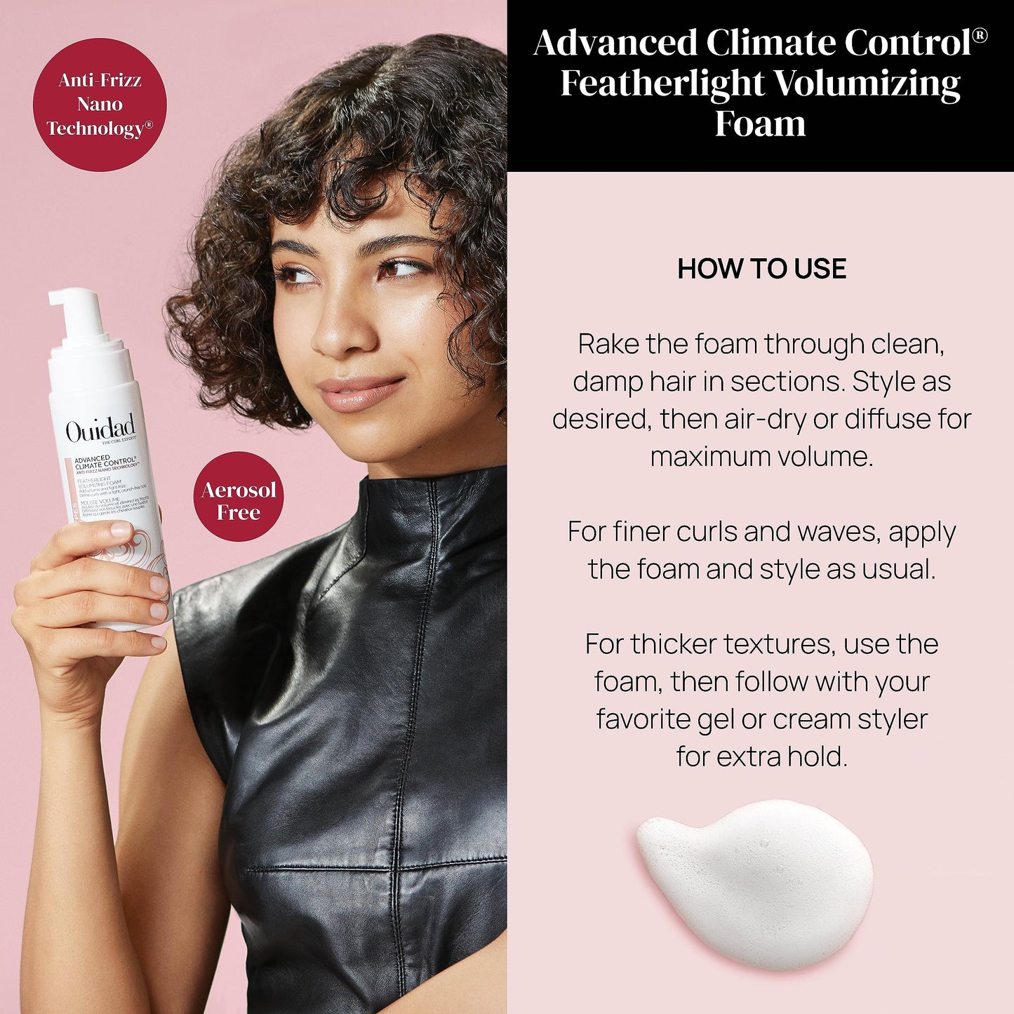 Ouidad Advanced Climate Control Volumizing Foam 7 fl oz – Lightweight Anti-Frizz Styling Foam with Nano Technology for All Curl Types, Adds Volume & Definition
