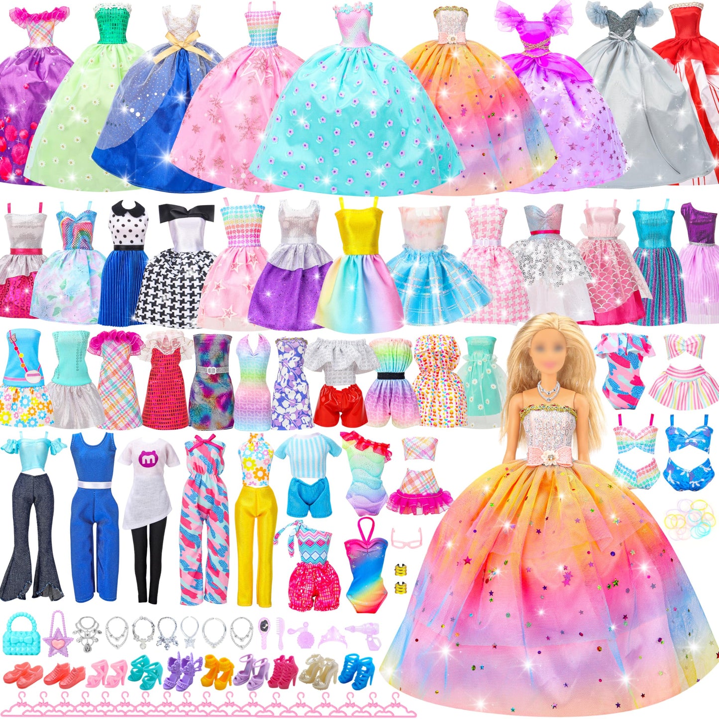 Style Shine 70-Pc Doll Clothes & Accessories Set – 6 Dresses, 2 Wedding Gowns, Casual Outfits, Shoes, Hangers & Toys for Girls