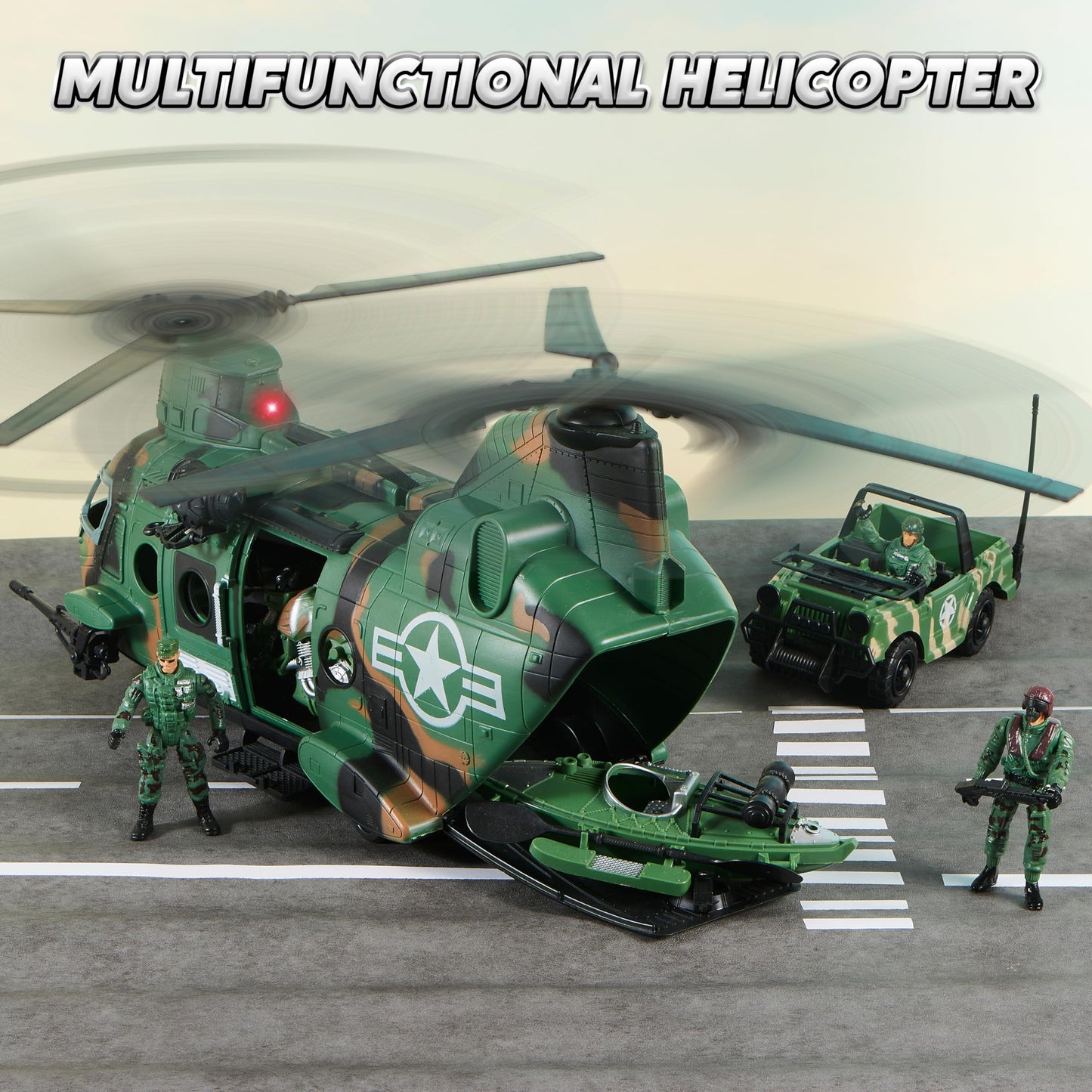 JOYIN 10-in-1 Military Helicopter Toys Set with Light, Sound, Trucks, Boat, Bike, Army Men, Weapons - Christmas Birthday Party Gifts for Kids
