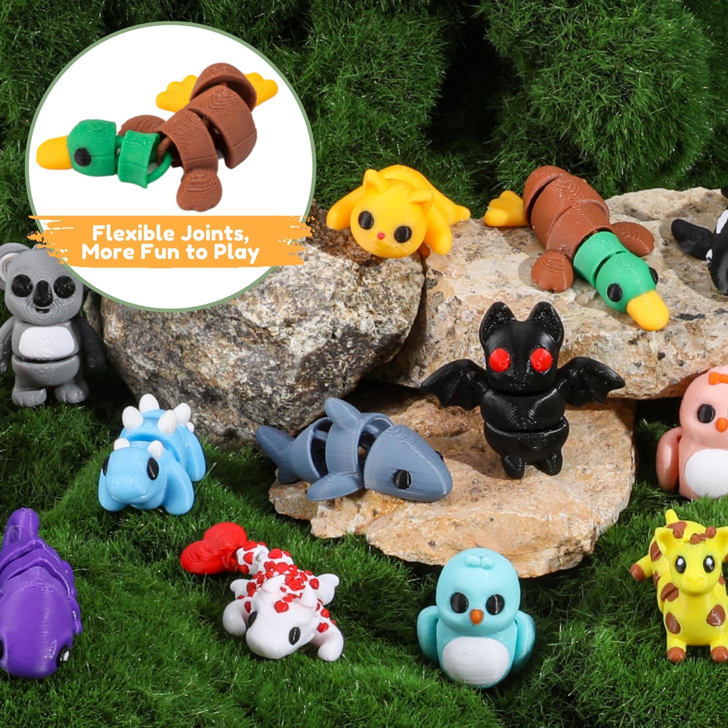 MONJITA 35pcs Mini 3D Printed Animal Figurines, Articulated Fidget Toys, Cute Desk Decor, Party Favors & Gifts for Kids