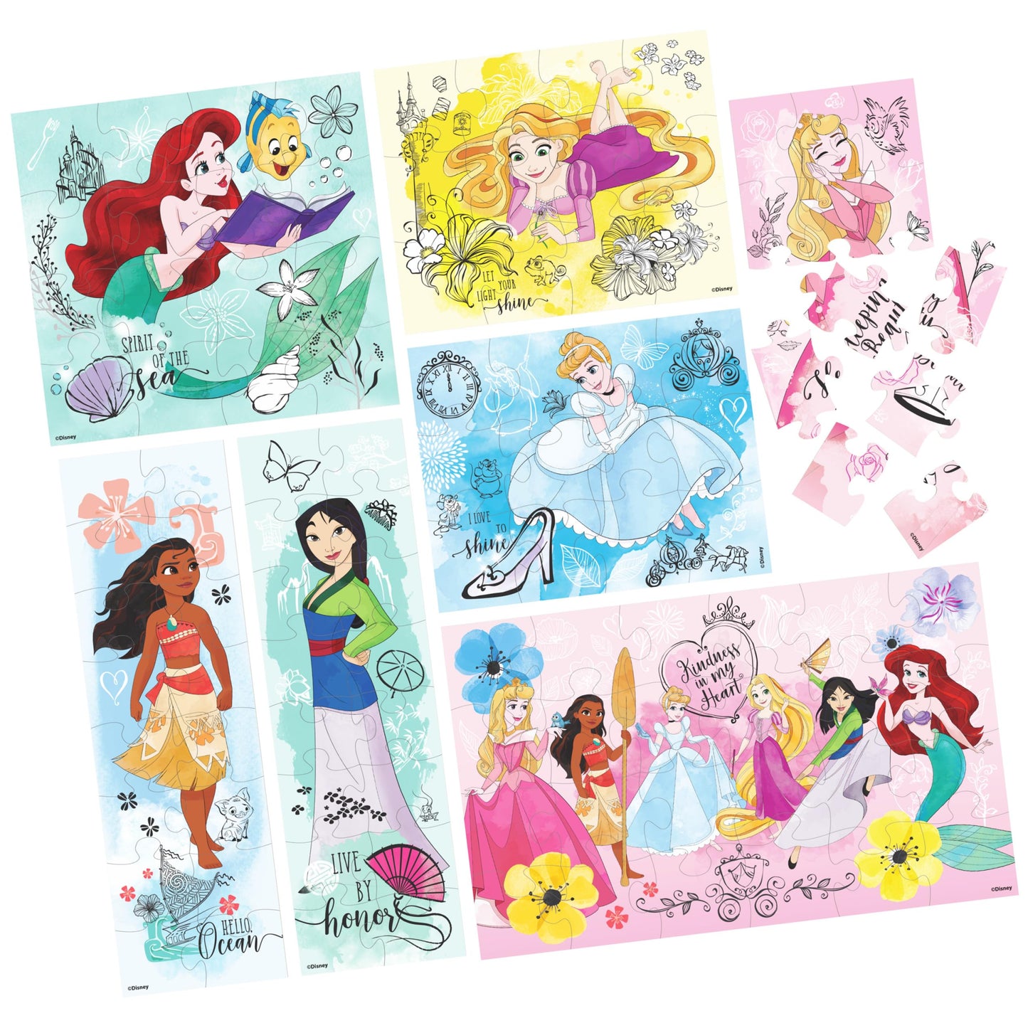 Spin Master Disney Princess Puzzle 7-Pack – Jigsaw Puzzles 12, 16 & 24 Pieces Featuring Ariel, Tiana, Rapunzel & Pocahontas, Ages 4+