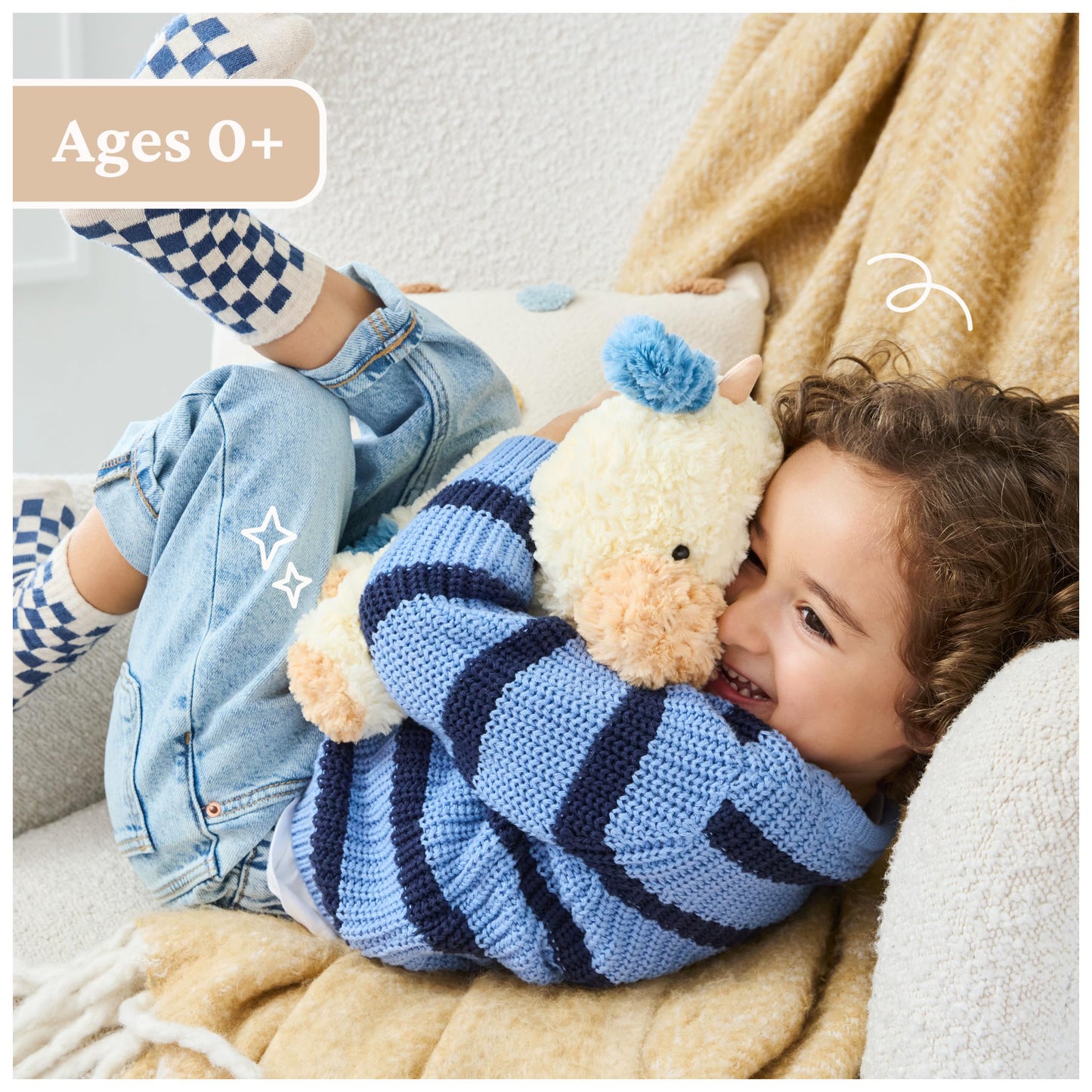 GUND Cozys Collection Cow, Stuffed Animal for Ages 1 and Up, Spring Decor Plush Toy, Cream/Blue, 10”