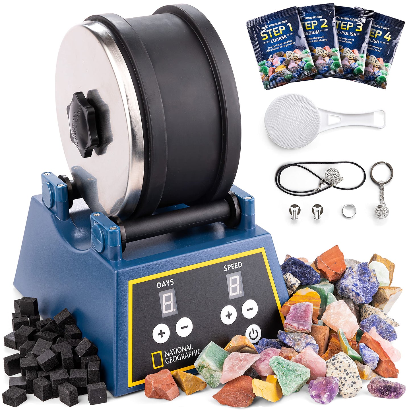 National Geographic Rock Tumbler Kit – 3lb Extra-Large Barrel, 3-Speed Motor, 9-Day Timer, Includes Rocks & Grit for Kids & Adults