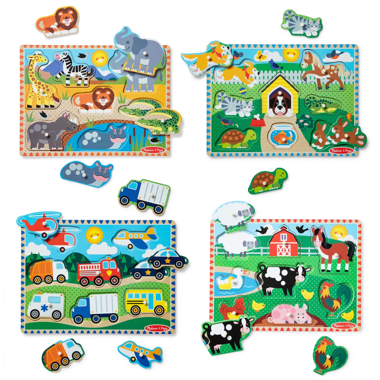Melissa & Doug Wooden Peg Puzzle Set – 4-Pack Vehicle, Farm, Safari & Pet Animal Themes – Educational Puzzles for Toddlers and Preschoolers Ages 2+