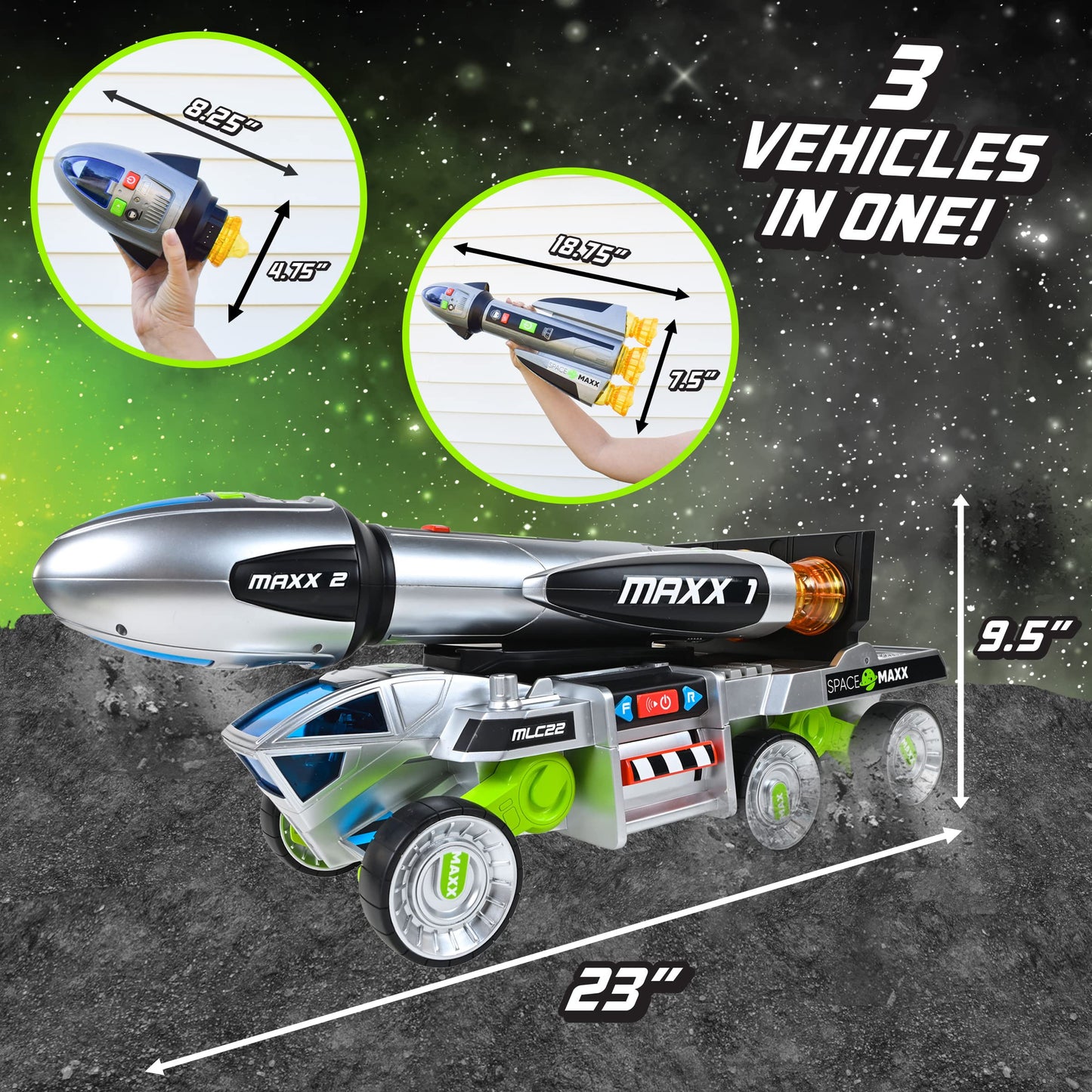 Sunny Days Maxx Action 3-in-1 Blast Off Booster Rocket Toy with Lights, Sounds & Motorized Drive – Includes Vehicle, Rocket & Capsule