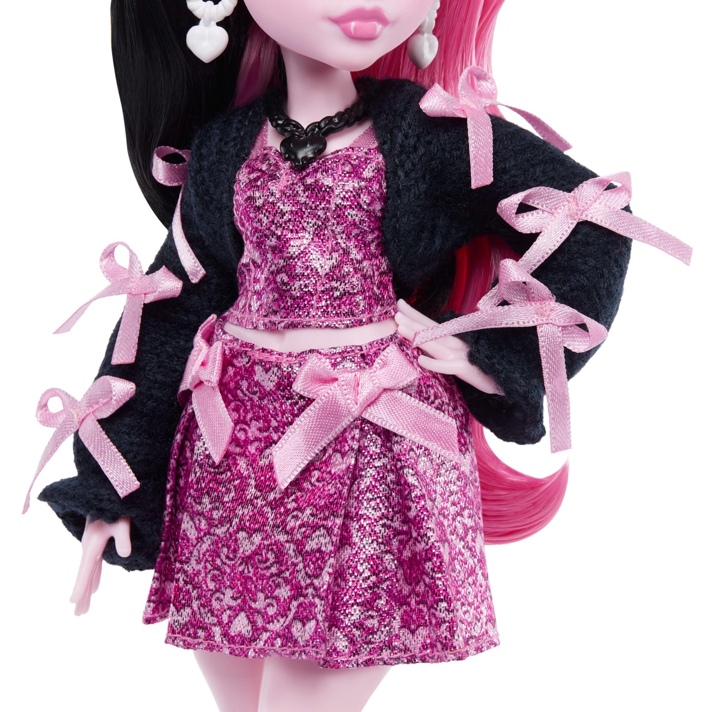 Monster High Doll, Draculaura in Pink Bow Dress and Black Cardigan with Pet Bat Count Fabulous and 7 Accessories Like Ramen, Lipstick and Purse