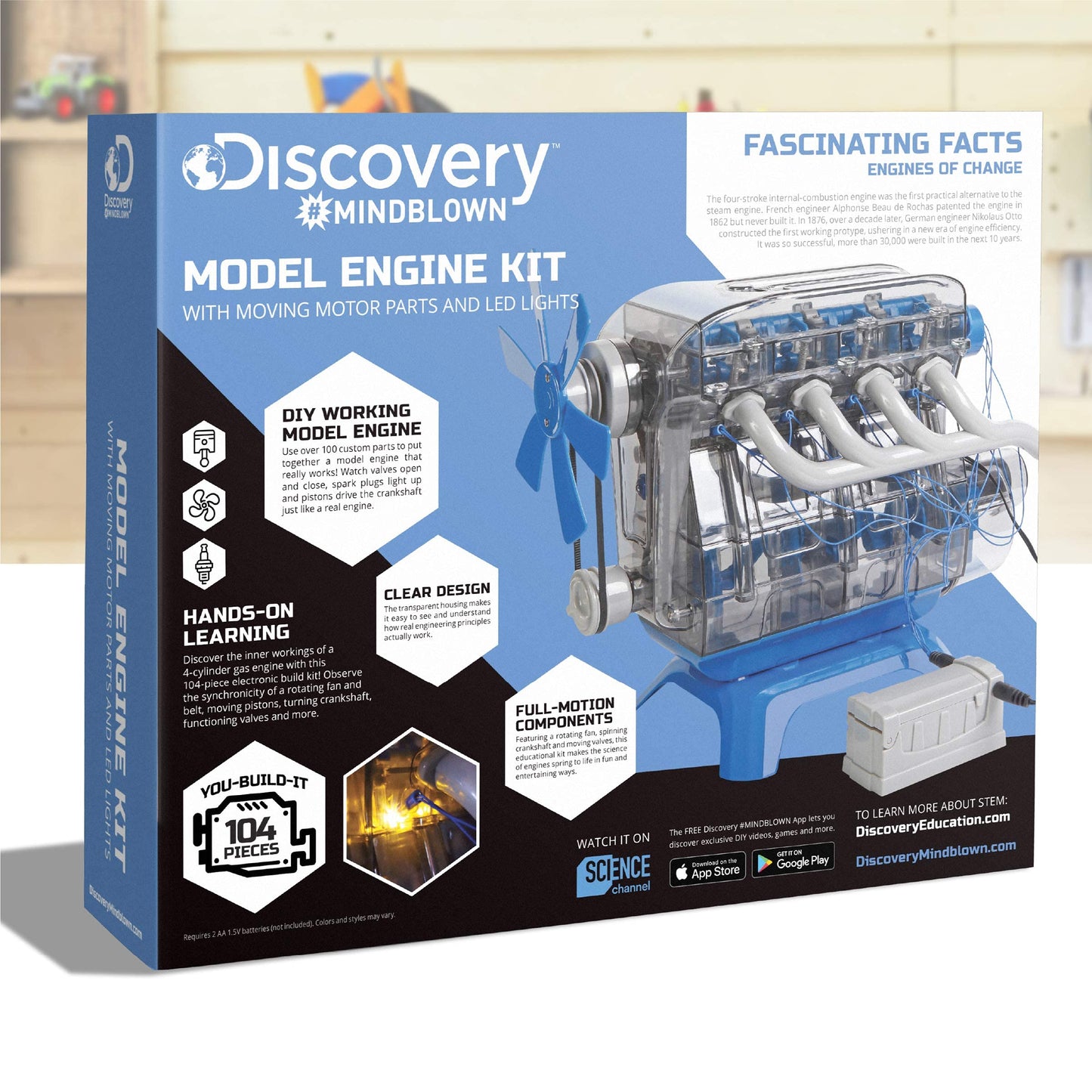 Discovery DIY 4-Cylinder Engine Kit – Working Pistons, Valves, Belts & LED Lights, STEM Mechanics Experiment Set for Kids & Adults