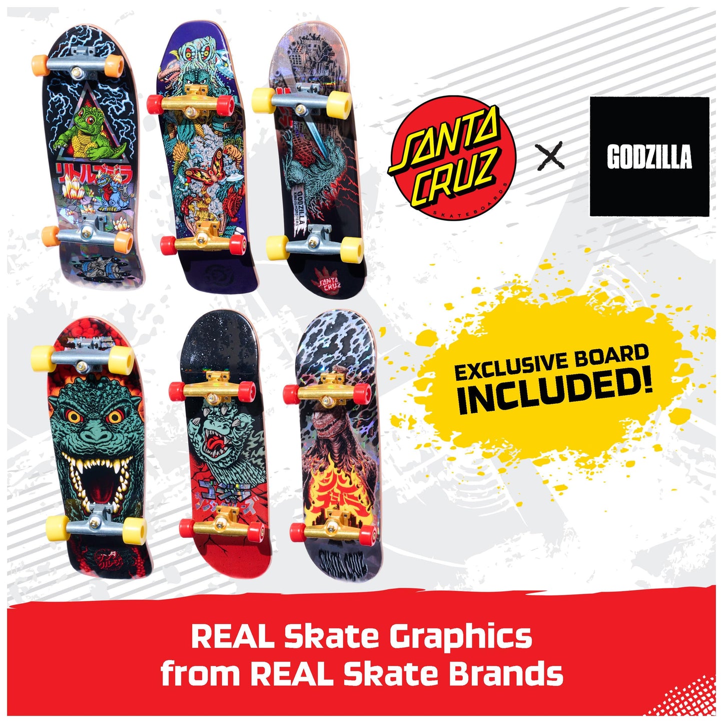 TECH DECK, Godzilla Sk8shop Fingerboard Bonus Pack, Collectible and Customizable Mini Skateboards, Kids Toys for Ages 6 and up
