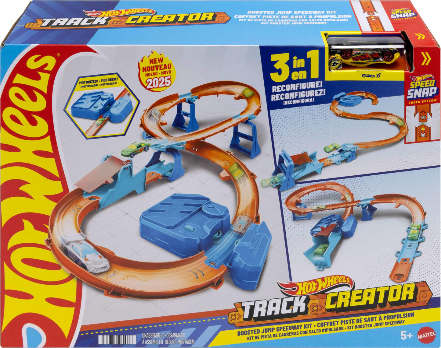 Hot Wheels Toy Car Track Set, Deluxe Building Box with Motorized Booster, 1:64 Scale Vehicle, Speed Snap Track, Boosted Jump Speedway