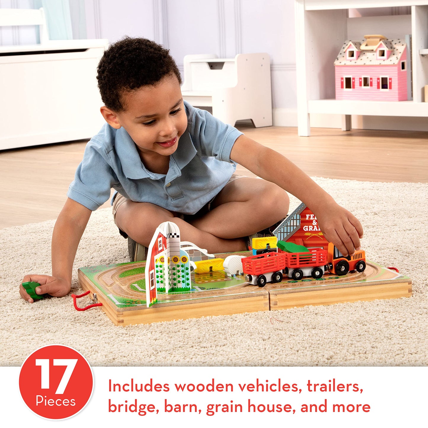 Melissa & Doug 17-Piece Wooden Take-Along Farm Set with Barn, Grain House, 4 Vehicles & Play Pieces – Pretend Play Toy for Toddlers 1+