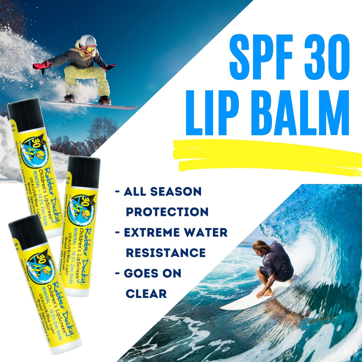 Rubber Ducky SPF 30 Kids Mineral Lip Balm – 10.5% Zinc Oxide, Moisturizing, Waterproof, Reef-Safe, Vanilla, Broad Spectrum UV Protection, 3-Pack