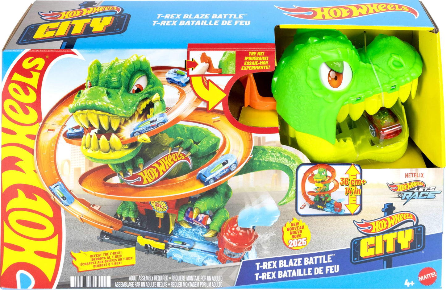 Hot Wheels Toy Car Track Set, City T-Rex Blaze Battle Playset & 1:64 Scale Die-Cast Vehicle, 18” Tall, Multiple Race Outcomes, Spinning Dinosaur Eyes