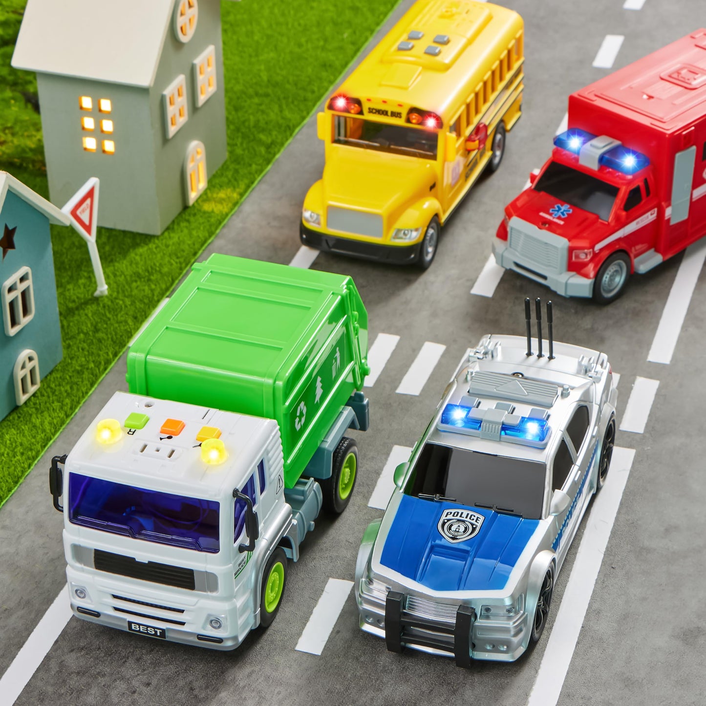 JOYIN 4-Pc 7" Vehicle Toy Set for Toddlers with Lights & Siren – Police Car, School Bus, Garbage Truck, Ambulance – Birthday Gift for Boys 3-5