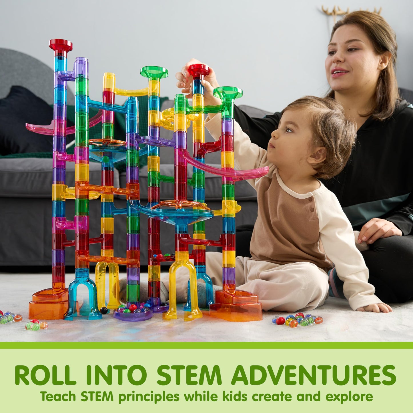 JOYIN 137Pcs Glowing Marble Run Set - STEM Building Blocks Toy with 15 Glow in The Dark Marbles, Fun Educational Gift for Kids Boys & Girls