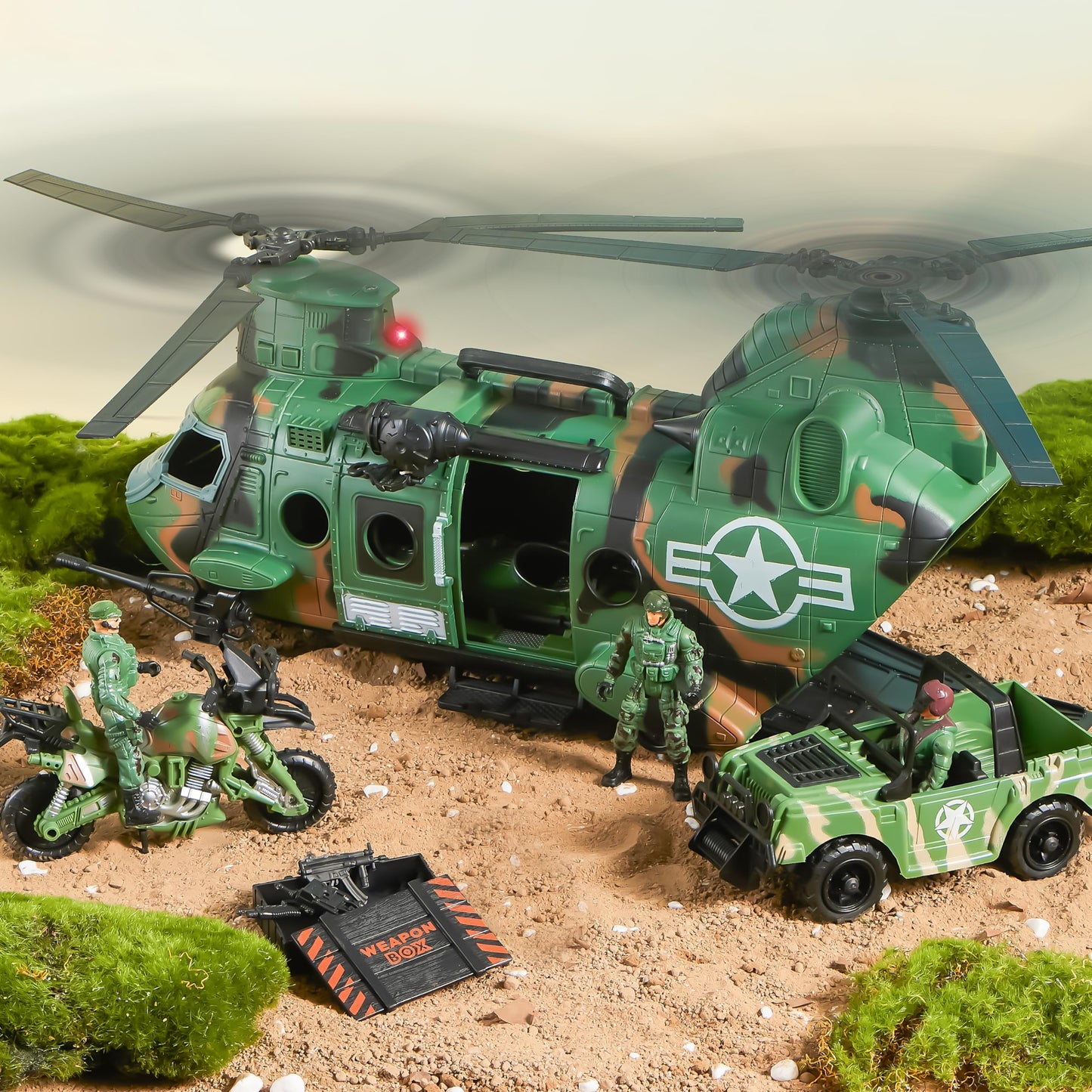 JOYIN 10-in-1 Military Helicopter Toys Set with Light, Sound, Trucks, Boat, Bike, Army Men, Weapons - Christmas Birthday Party Gifts for Kids